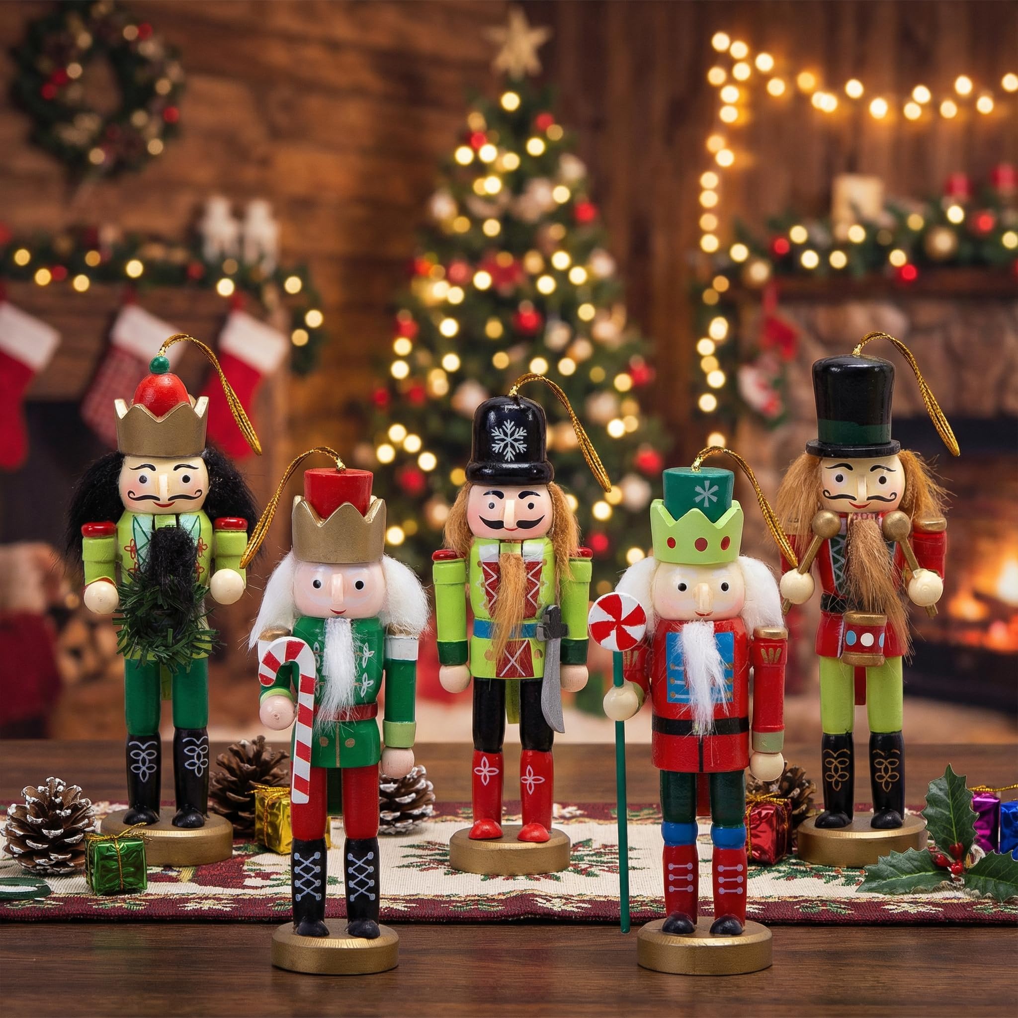 AMOR PRESENT Christmas Nutcracker Ornaments Set, 5PCS Wooden Nutcracker Soldier Hanging Decorations for Christmas Tree Figures Puppet Toy Gifts