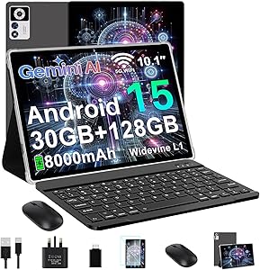 Android 15 Tablet 10 Inch, Gemini AI, 30GB RAM+128GB ROM (TF 2TB), 5G WiFi Tablets,Widevine L1 | 8000mAh | Octa-Core | 2.0GHz | 5G WiFi | BT 5.0 | 5+8MP, 2-in-1 Tablet with Keyboard and Mouse- Black