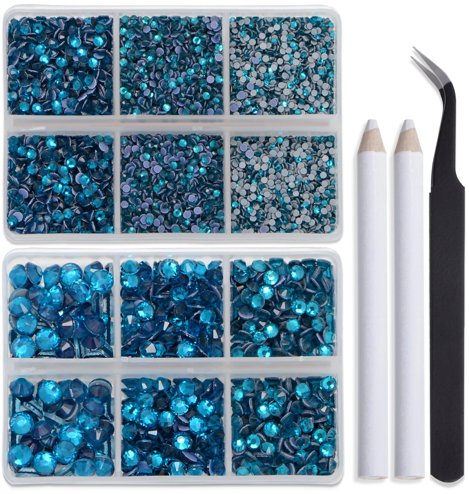 Bymitel Hotfix Crystal Rhinestones Round Gems for Crafts,Mixed 6 Sizes with Wax Pencil Kit, Blue Zircon 1.6-6.3mm SS4-SS30/8000pcs