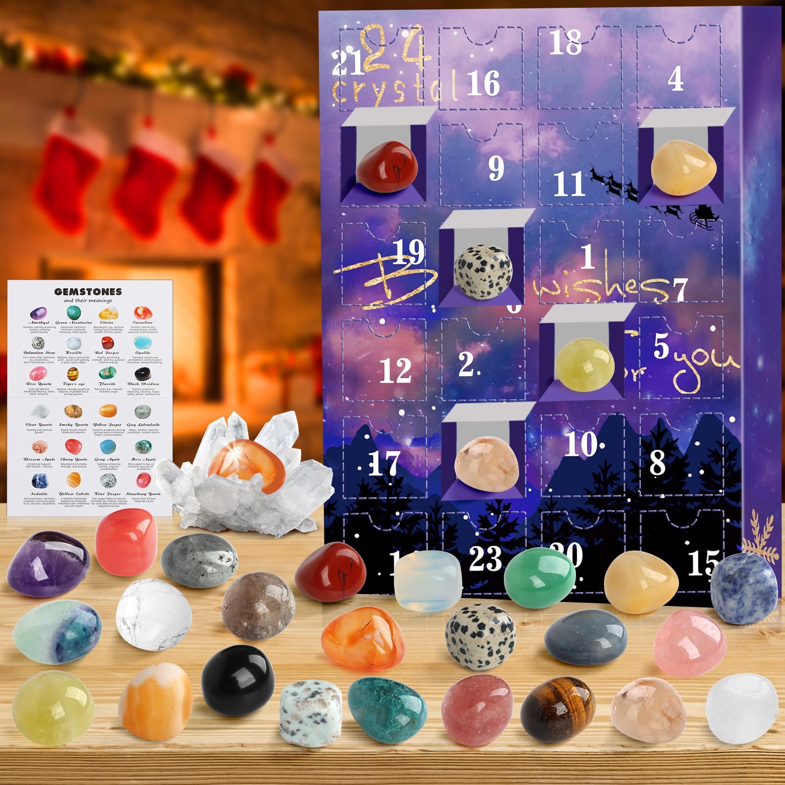 Advent Calendar 2024 Crystals, 24 Days Natural Crystal Minerals & Fossils Gemstones Christmas Countdown Advent Calendars for Kids,Enthusiasts Rock Collection Gifts for Boys Girls Adult Xmas