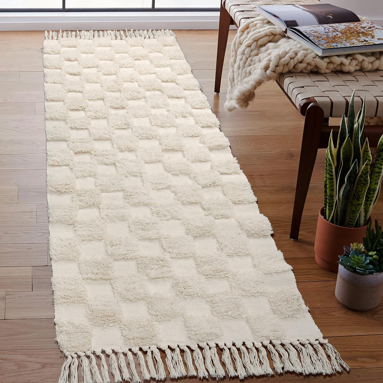 JaeMoose Cotton Rug Tufted Cotton Rug Washable Retro Hallway with Tassels Moroccan Boho Rugs for Living Room Bedroom Front Door (Beige Checkerboard