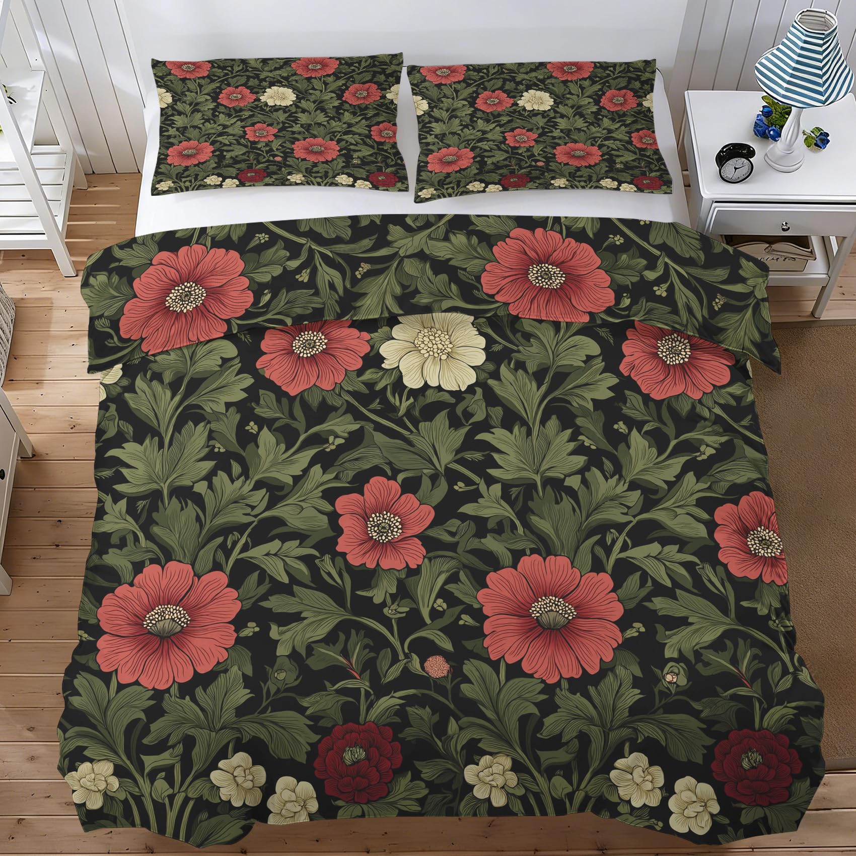 Housse de couette 200x200 zippée en microfibre douce motif floral vintage William Morris