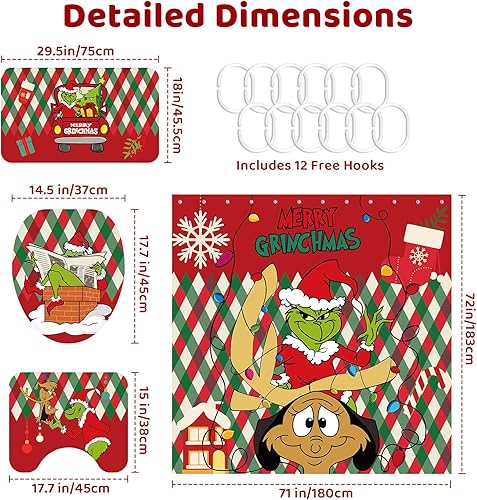 Miniatura 2 de Juego de cortina de ducha de Navidad, 4 piezas con alfombras antideslizantes, cubierta para tapa de inodoro y tapete de baño antideslizante en forma