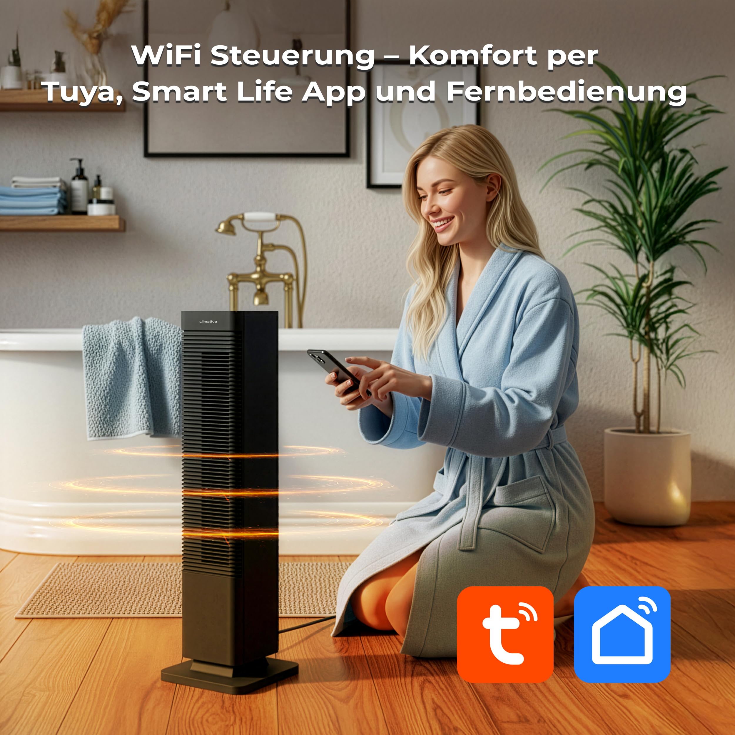 Turmventilator 2in1 Kühlen & Heizen, 2000W PTC Keramik, WiFi Standventilator mit Fernbedienung, Oszillation