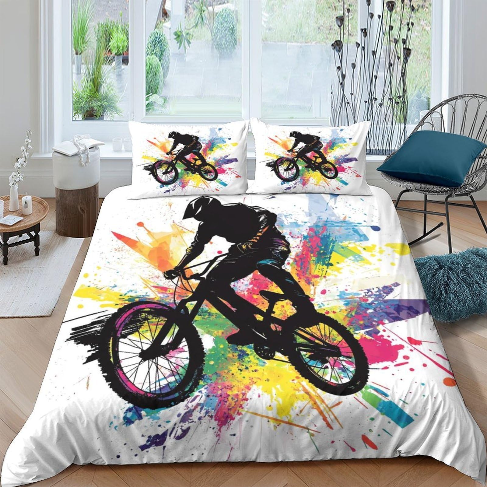 Ctjqhvkz Style-4 3D Printed Color Splash Bike Fitted Sheet Microfiber Vibrant Graffiti Bed Cover For Bedroom Dorm Decor Single（135X200cm）