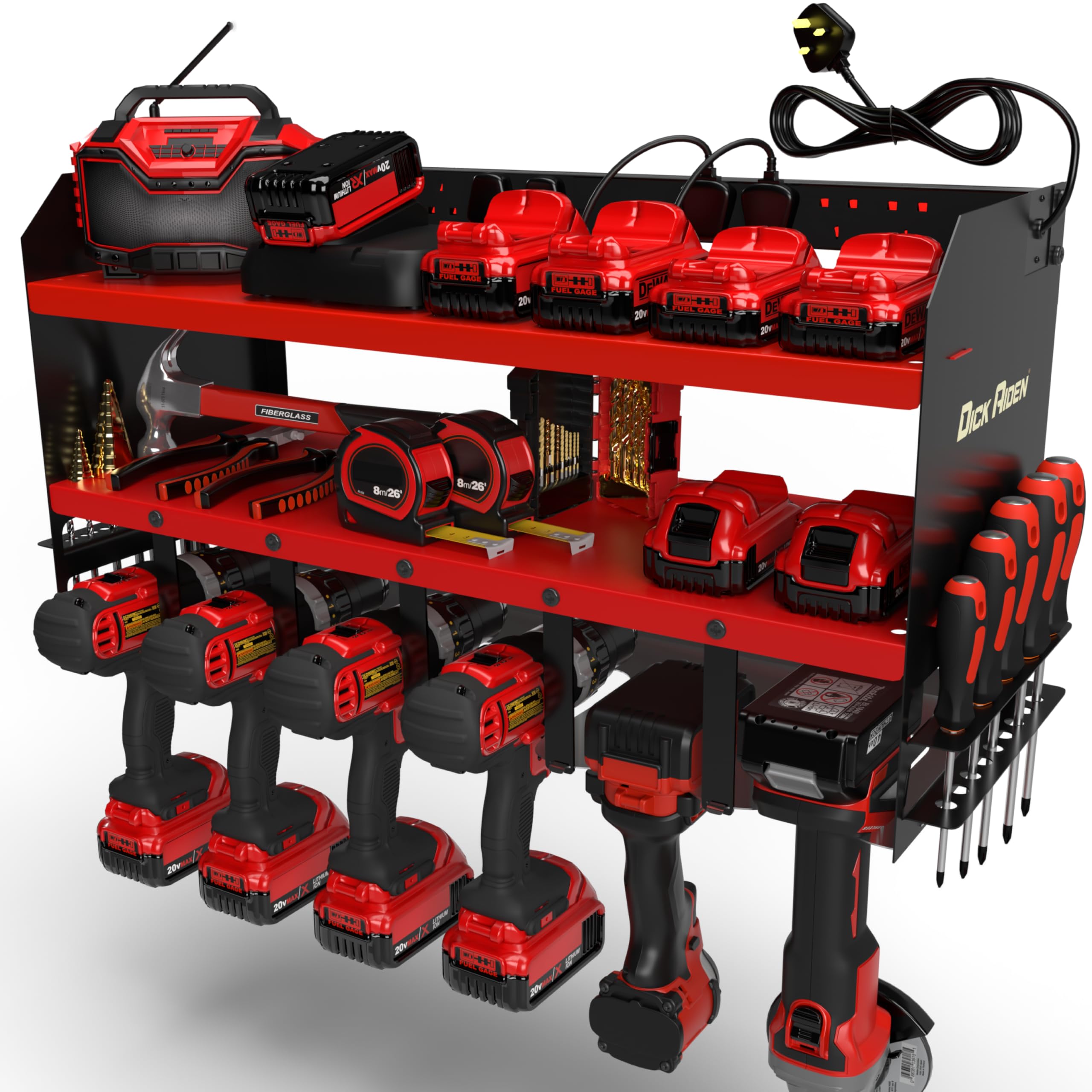 Toolganize Red 6-Slot Power Tool Organiser, Storage Rack With Power Strip Charging Station, Heavy-Duty For Workshop & Garage Tools - 6 Slot, Milwaukee Red.