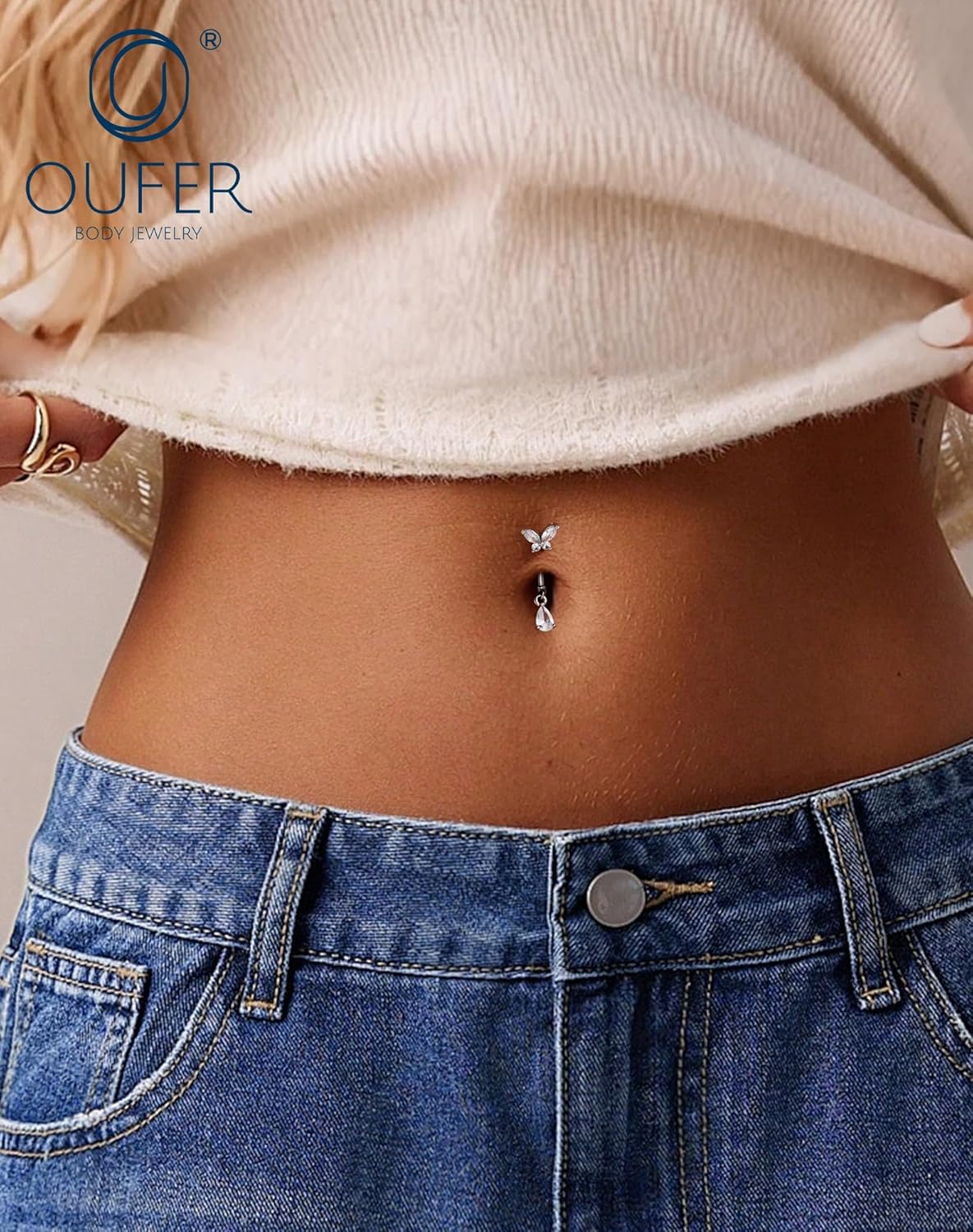 OUFER Hypoallergenic Surgical Steel Belly Button Rings, 14g Internally Threaded Dangle Belly Rings for Women, Flower Butterfly Navel Piercing Jewelry Curved Navel Ring - Image 2
