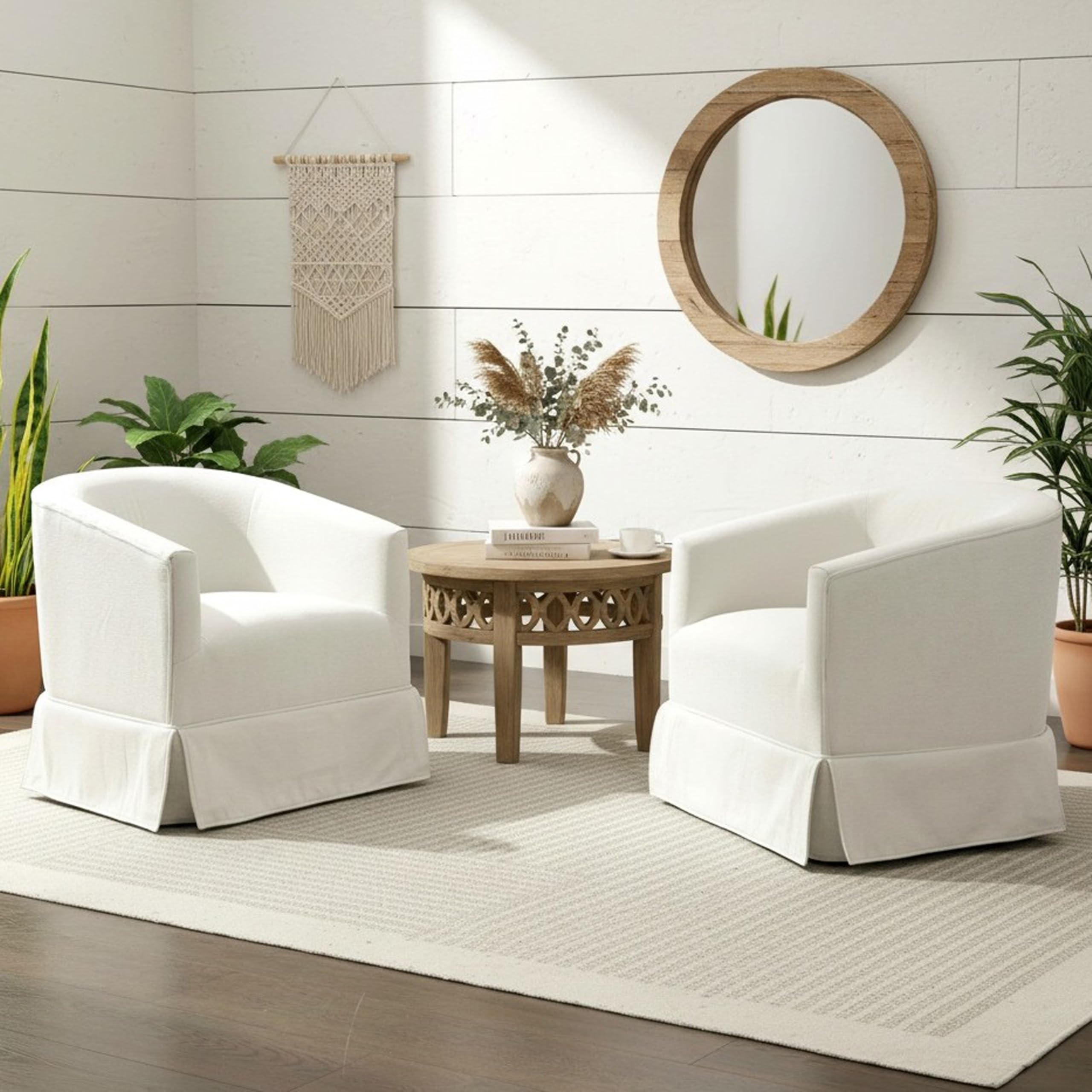 Arvasslia Swivel Barrel Chair Set of 2,Mid Century Modern Swivel Accent Chair for Living Room, Round Armchair Corner Chair for Bedroom, White