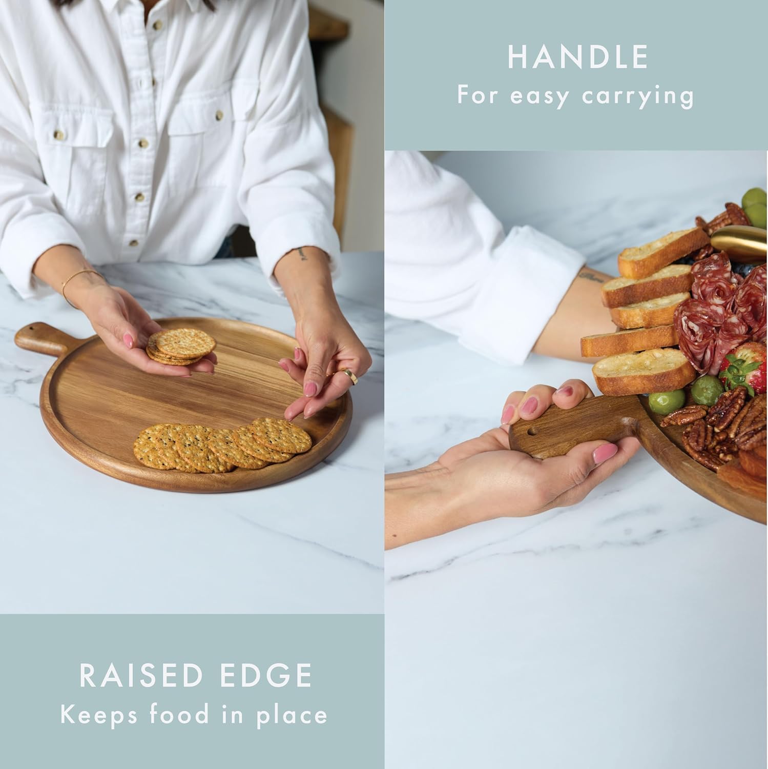 Charcuterie Board - Round Acacia Wood Cutting Board for Kitchen with Handle, Cheese Board for Chopping Vegetables, Bread, Fruits, Meat - Decorative Wooden Serving Tray House Warming Gift - Image 4