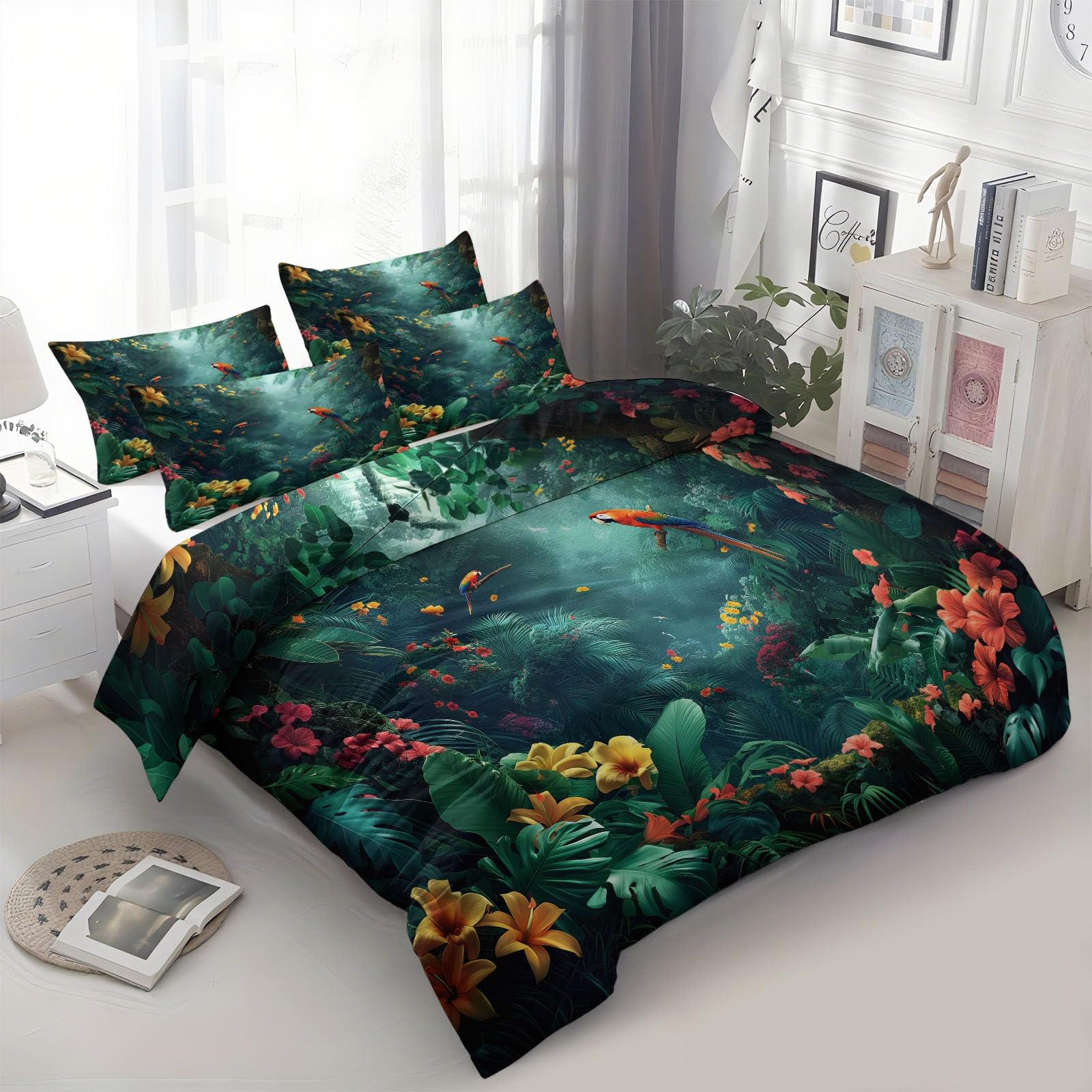 Housse de couette 160x200 forêt tropicale en microfibre verte avec ses 2 taies d'oreiller