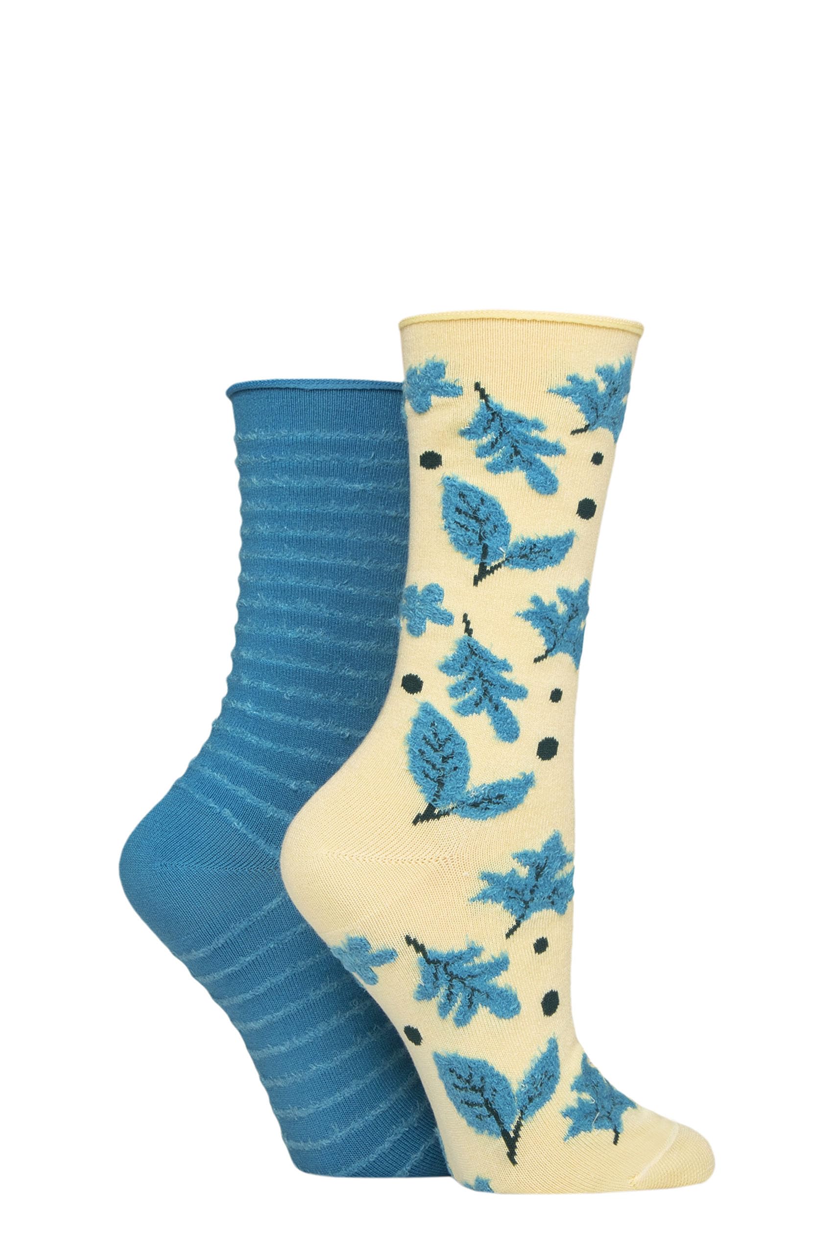 Elle Women's Storm Feather Striped Socks - Soft, Breathable Bamboo, Calf Length, Crew, Fluffy Texture, Patterned, Spotty, Striped, Multipack Of 2 Size 4-8