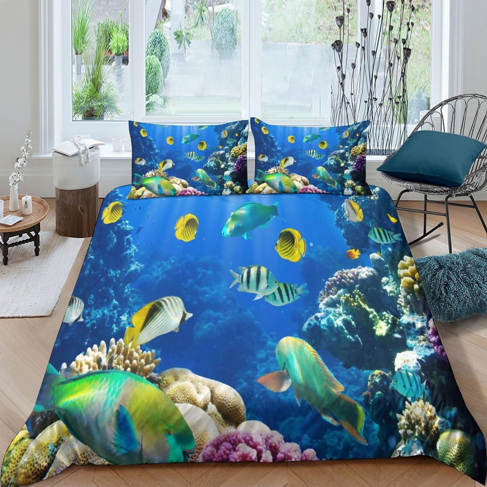 Ctjqhvkz Style-6 3D Printed Ocean Coral Reef Fitted Sheet Microfiber Soft Breathable Tropical Fish Bed Cover Bedroom Decor Mattress Protection Single（135X200cm）