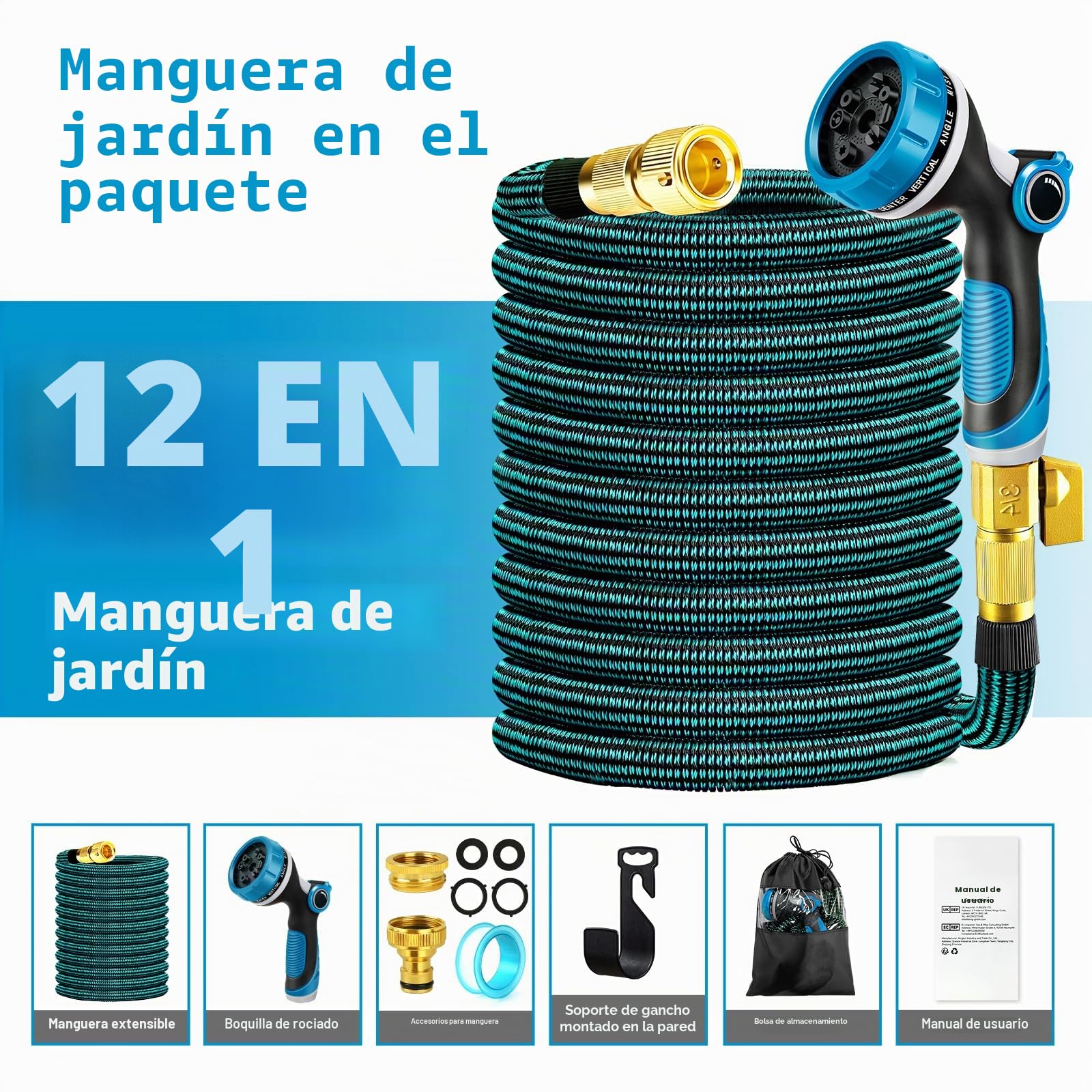 Manguera Jardin, Manguera Extensible 45 metros con Conector de Latón de 3/4'&1/2', Mangueras de Jardín Flexible con Boquilla Pulverizadora de 10 Funciones, Garden Hose para Jardín y Terraza(45M)