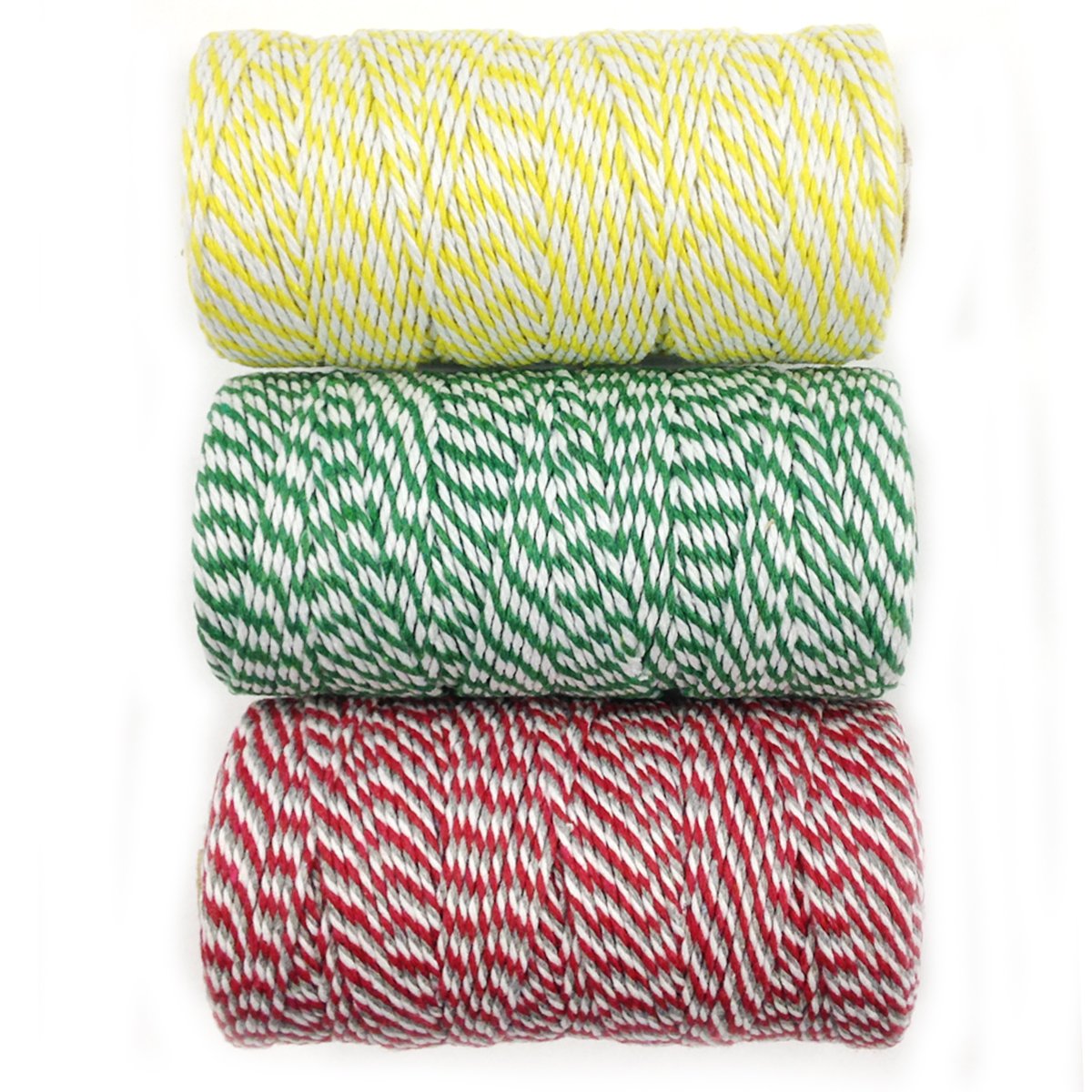 Wrapables Lot de 3 ficelles de Boulanger en Coton 12 Plis pour Emballage Cadeau et Loisirs créatifs - Bobine de 100 m - Jaune/Vert foncé/Rouge et Gris