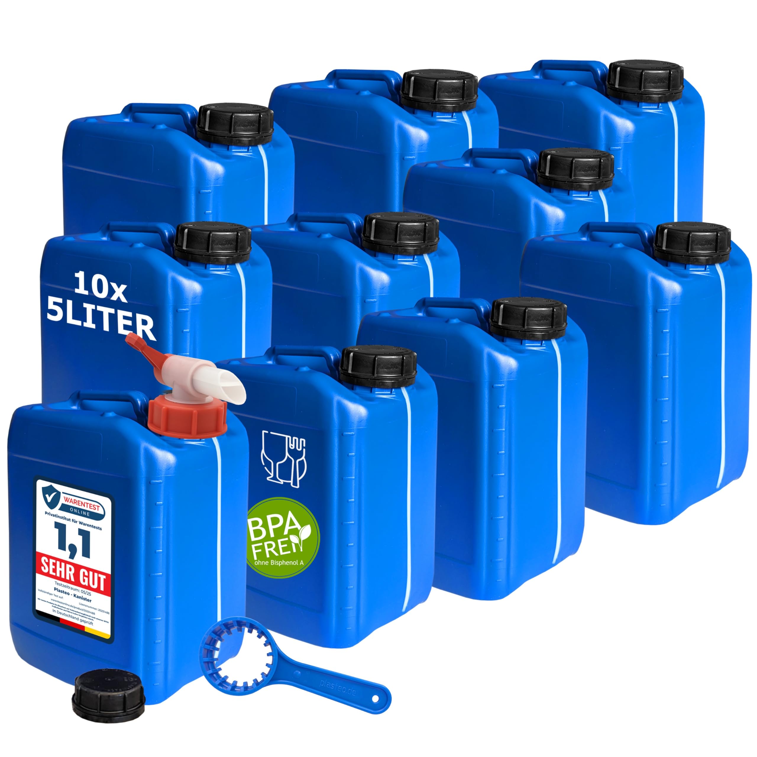 plasteo® Lot de 10 bidons de 5 litres avec fermeture de sécurité (DIN 51) Clé à bidon Duo 51/61 + robinet | Convient à un usage alimentaire | Portable et empilable | Qualité lourde | Intérieur et