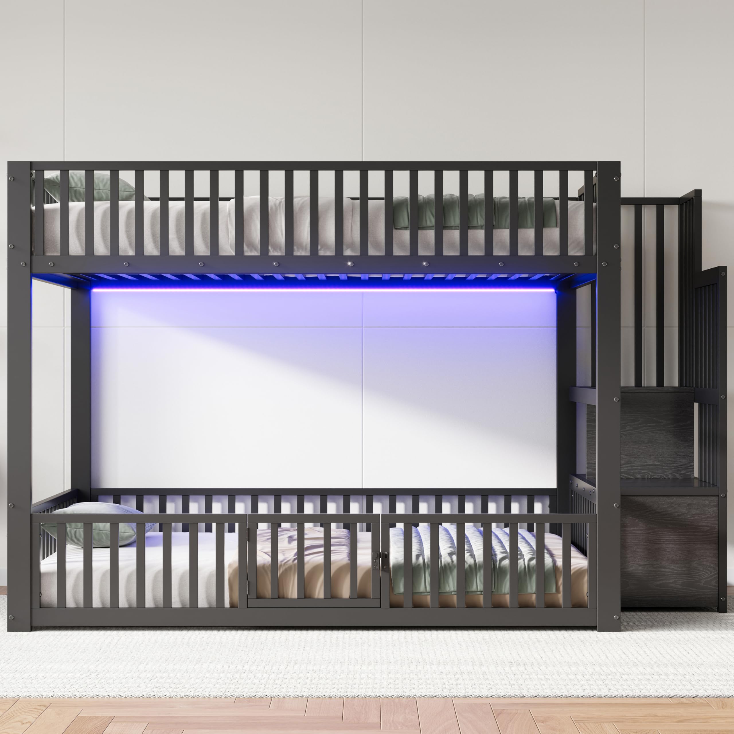 Litera de 140 x 200 cm con escalera de almacenamiento, con LED (negro, 140 x 200 cm)
