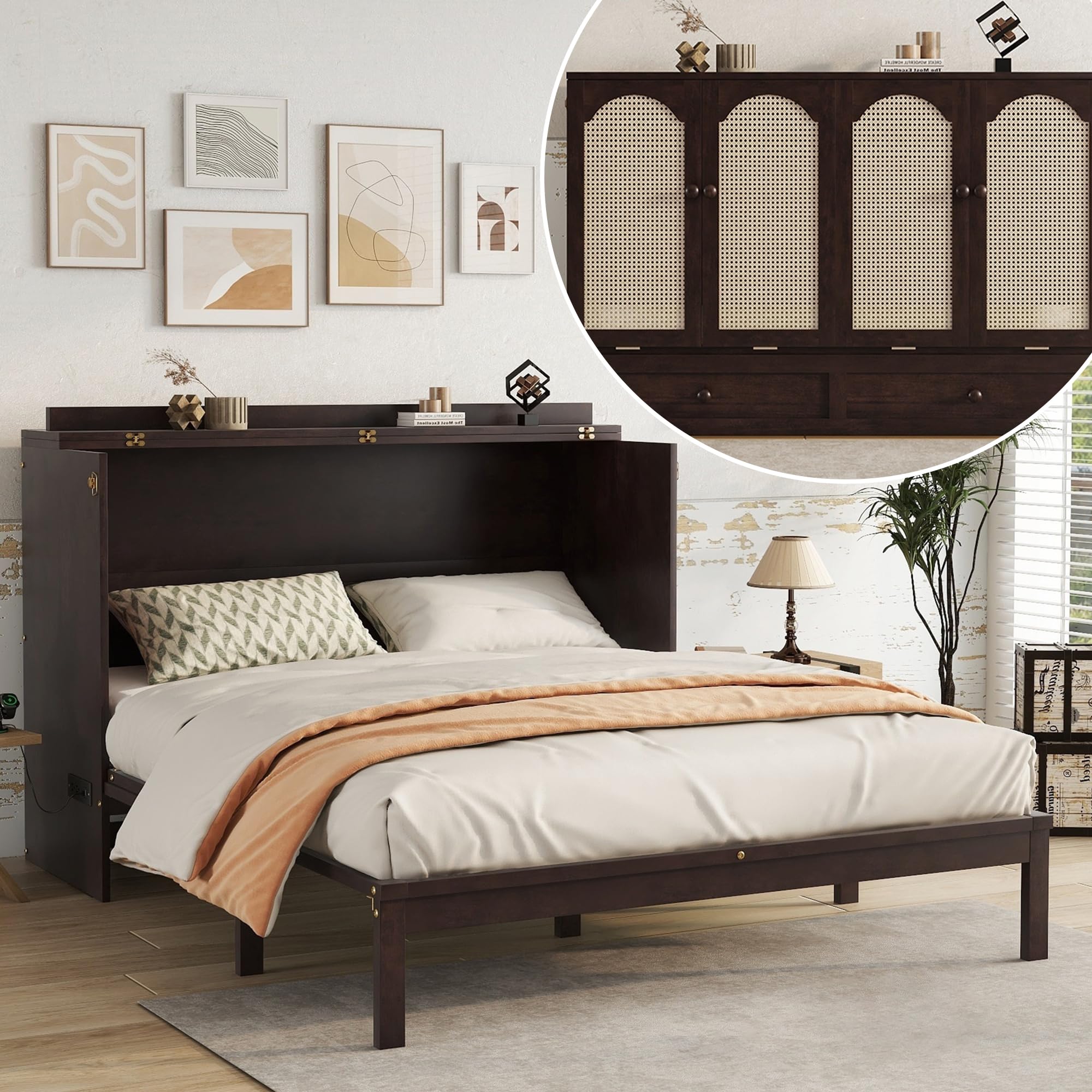 DEINPPA Queen Size Murphy Bed with Storage Drawer and Charging Socket, Foldable Cabinet Bed with Rattan Decoration for Living Room Guest Bedroom