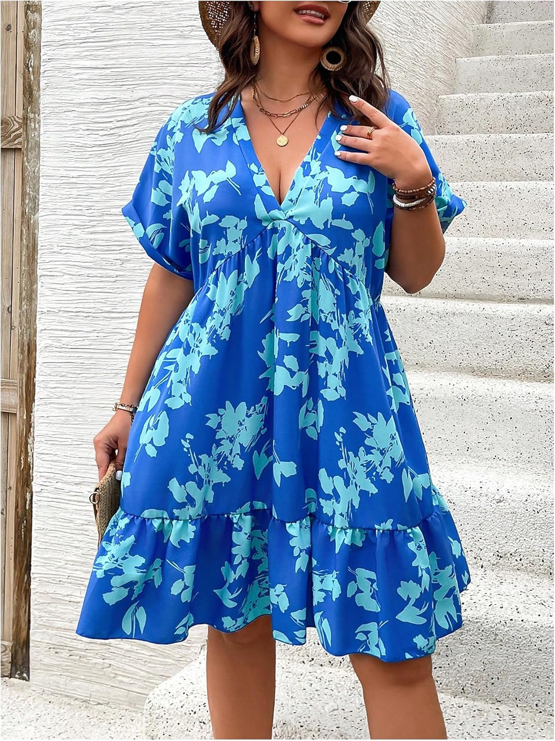 Floerns Women's Plus Size Wrap V Neck Short Sleeve Ruffle Hem A Line Short Dress - Image 3