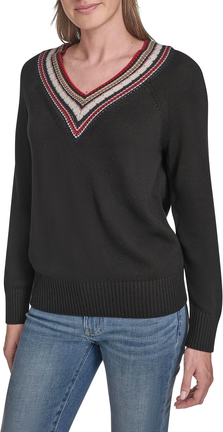 Tommy Hilfiger Womens Solid V-Neck Pullover Tipped Sweater - Image 3