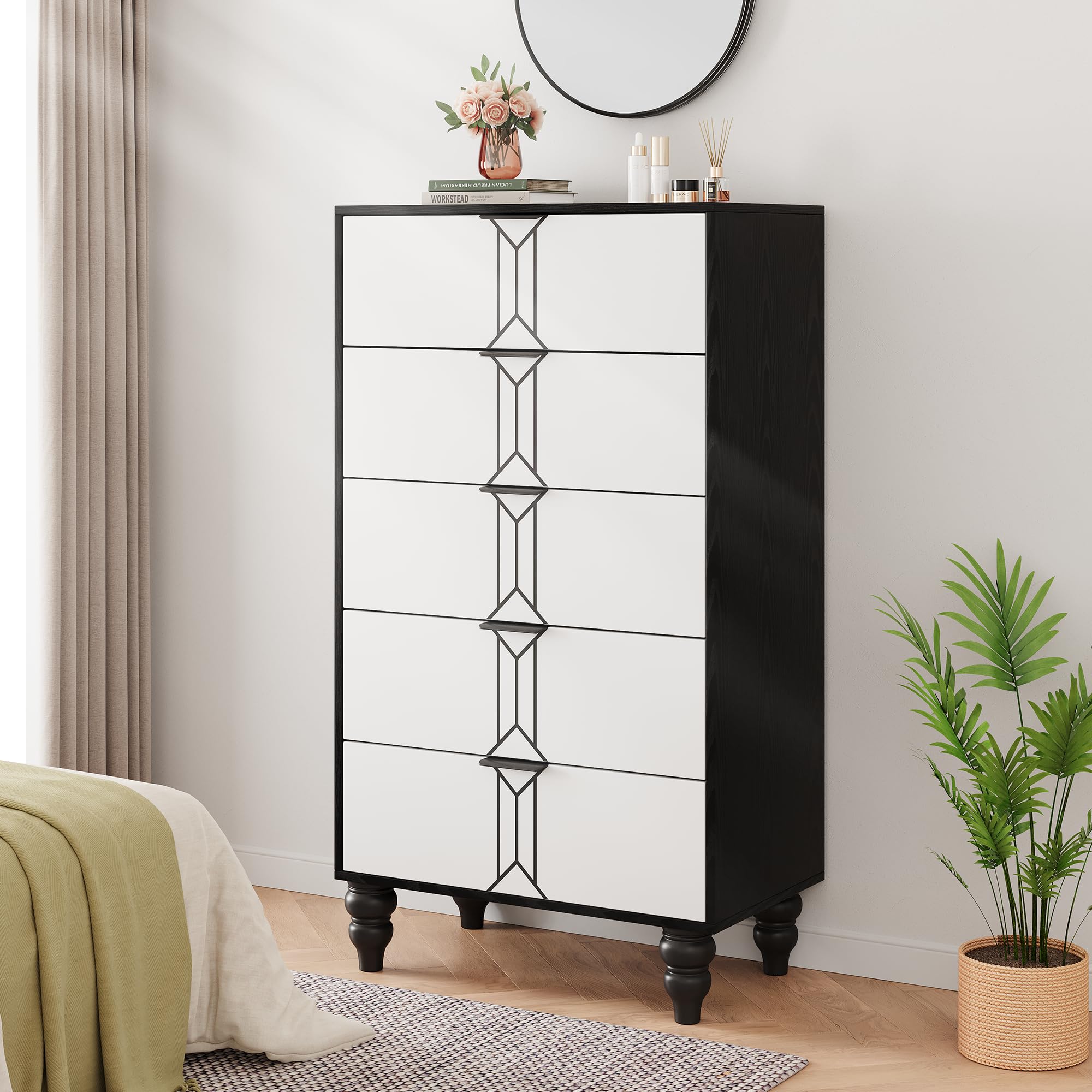 IDEALHOUSE Modern Wooden 5 Drawer Dresser with Vintage Pattern Design, Tall Dresser for Closet, Chest with Deep Drawers for Bedroom, Living Room and