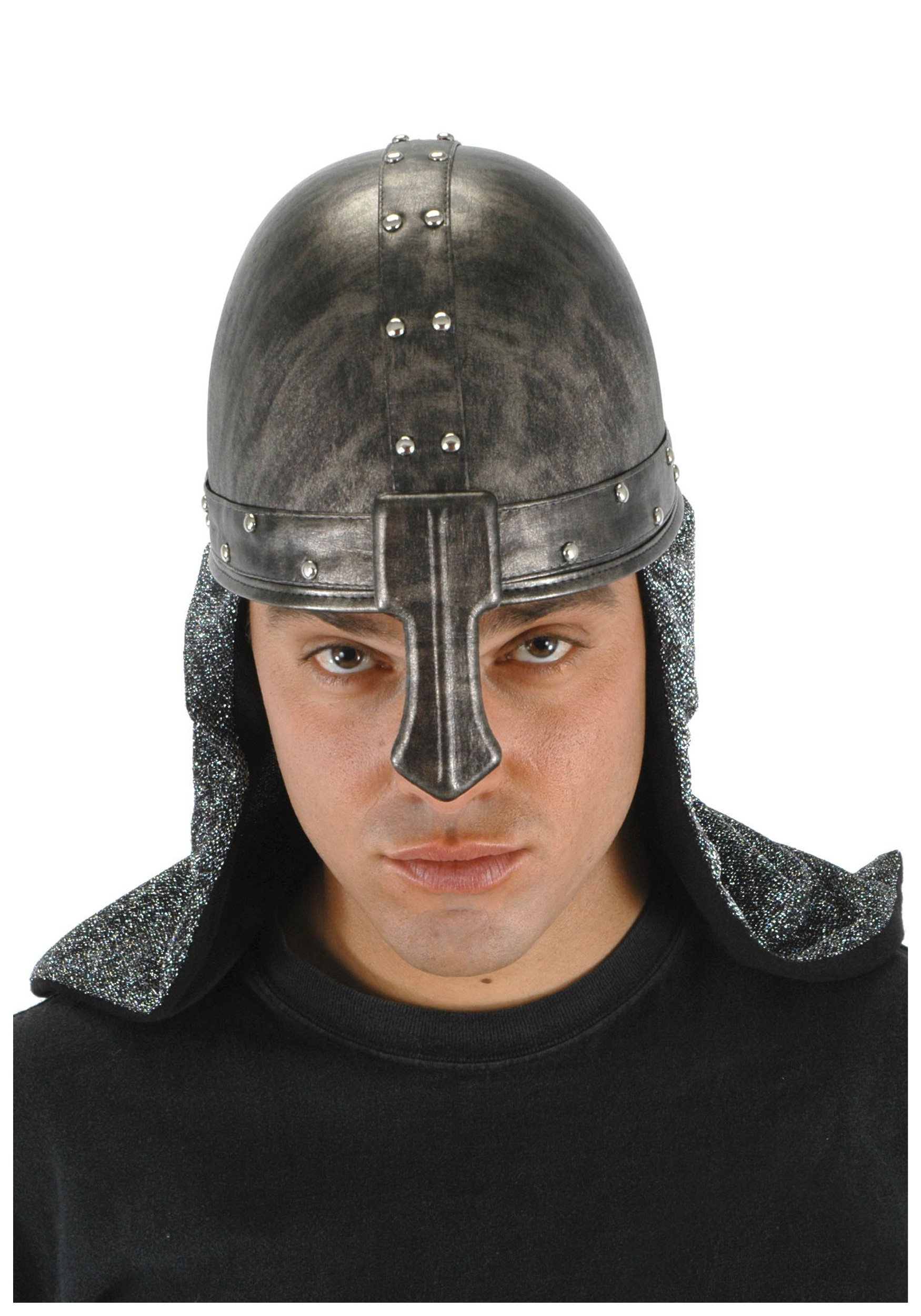 Knight Helmet Hat - Metallic Finish with Chain Mail Drape and Nose Piece, Adjustable Fit