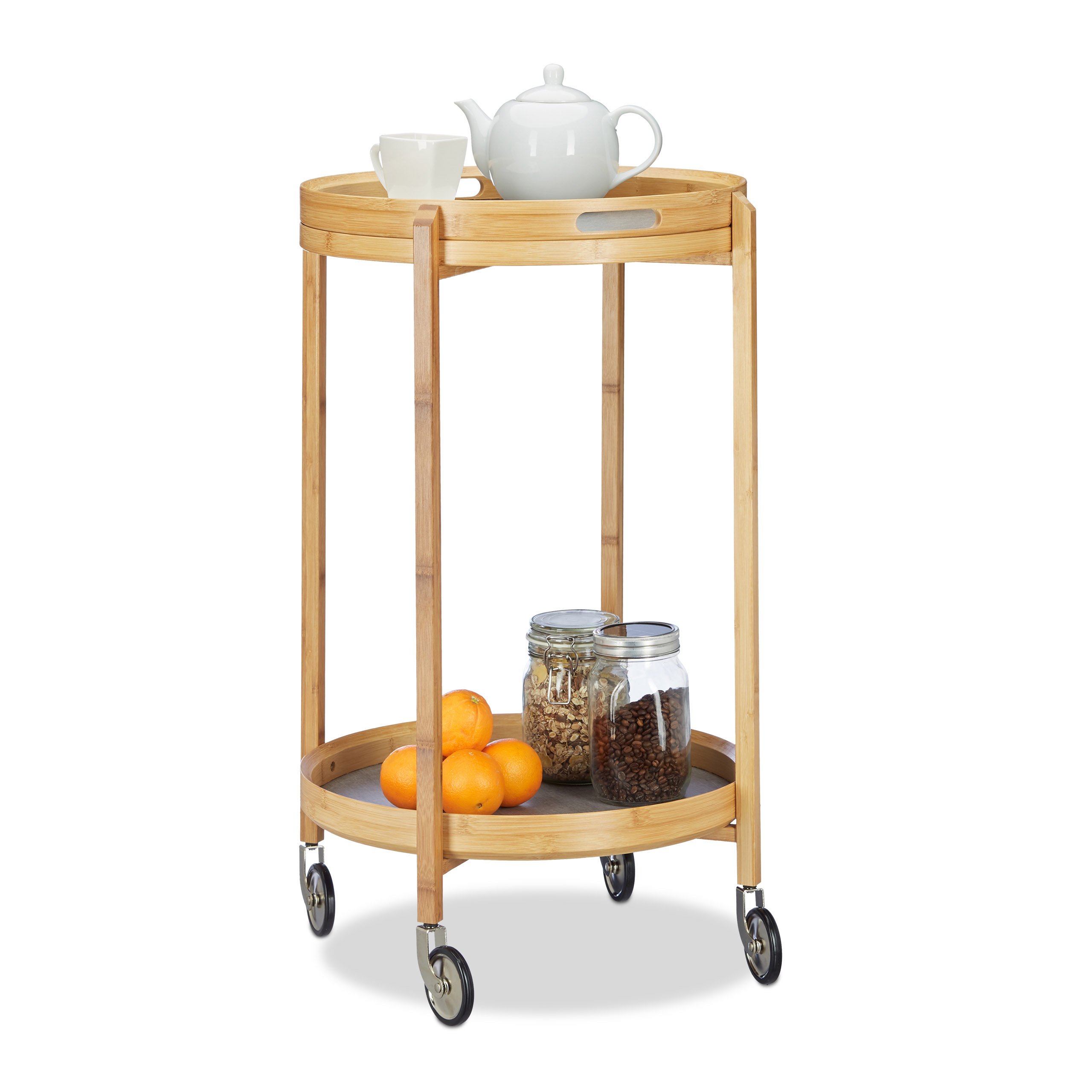 Relaxdays Carrito de Cocina Redondo para Servir, Bambú, Gris, 49x49x78.5 cm