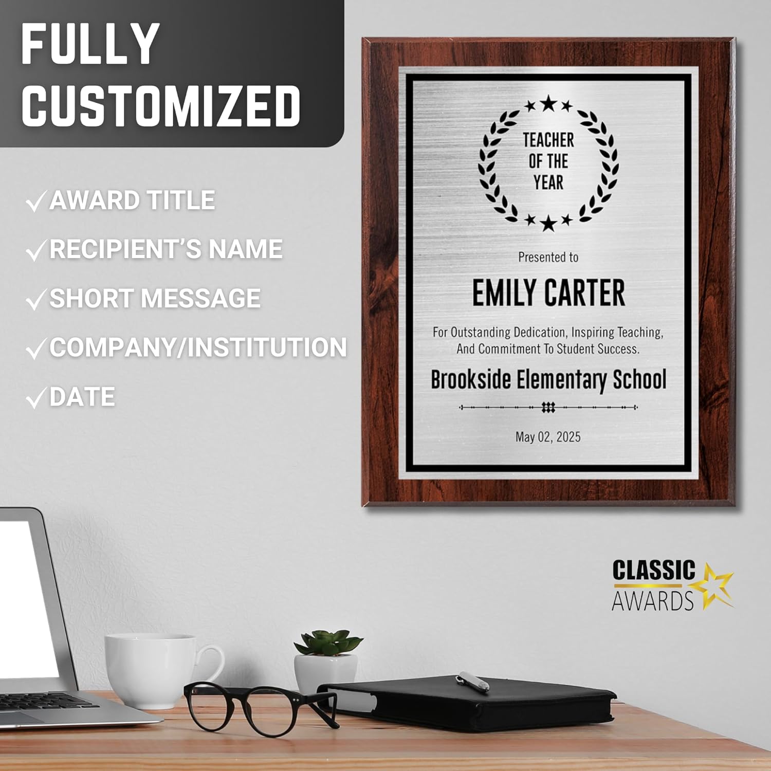 Custom Plaque - Add Title and Text - Award Plaque for Employee of the Month, Perfect as Retirement Plaque, Thank You, Service Recognition and Appreciation Gifts - Personalized Plaque for Men/Women (UV Print Silver/Black Plate, 6" X 8")