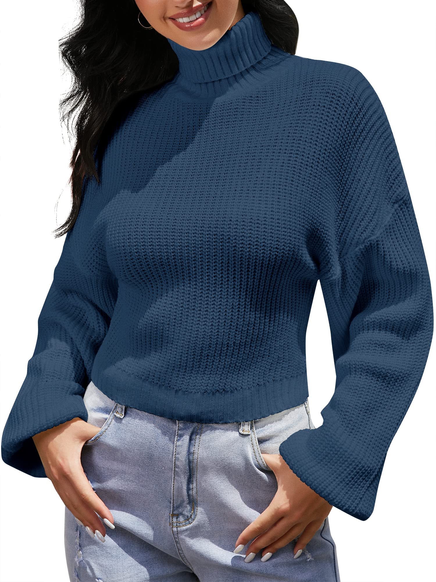 ZAFUL Women's Crew Neck Long Sleeve Pullover Crop Sweater Mock Neck Lantern Sleeve Ribbed Knit Cropped Sweater