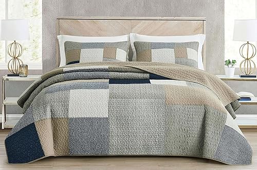 Vista 164 de Chezmoi Collection Samuel Juego de colcha con relleno de cuadros gris pardo, blanco y azul marino, 3 piezas, retales, algodón prelavado, ligero