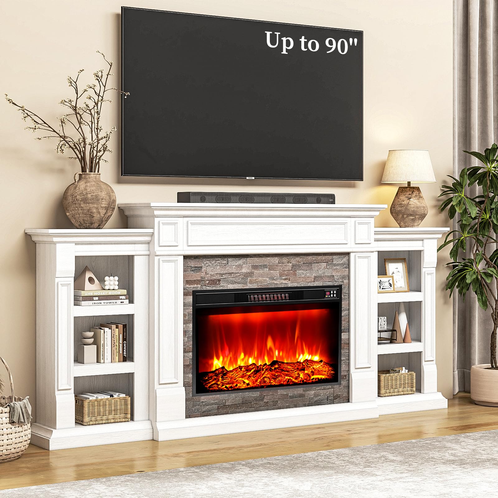 80" Fireplace TV Stand w/ 8 Colors Fireplace, Electric Fireplace with Mantel for TVs Up to 90 Inch, Entertainment Center with Storage, Stacked Stone Surround w/Realistic Flame for Living Room, White