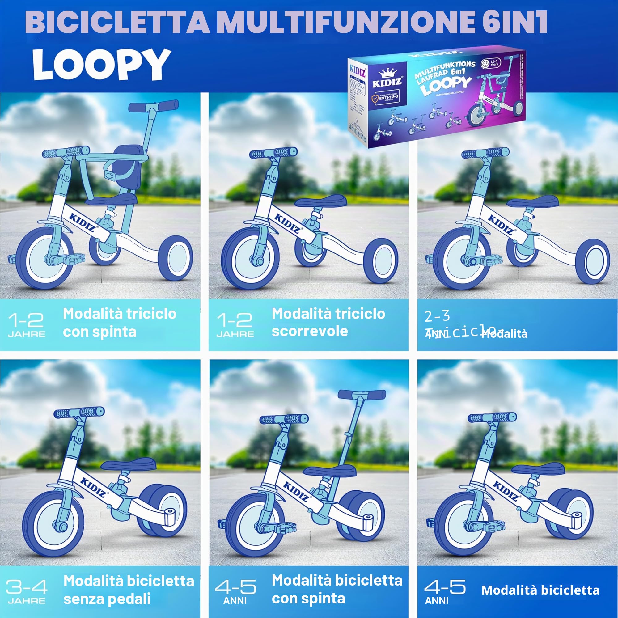 KIDIZ® 6in1 Balance Bike - Triciclo, Triciclo per Bambini, da 1 a 5 anni, capacità di carico fino a 25 kg, incl. Manubrio/Barra di sicurezza/Cintura di sicurezza/Campana e Specchio, Rosa