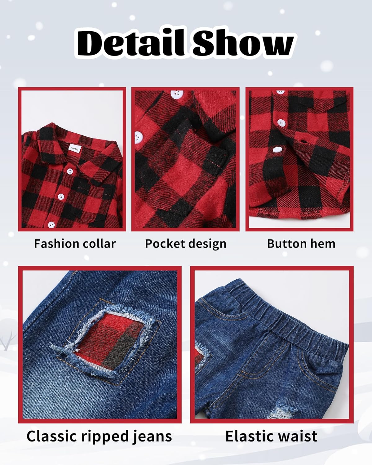 NZRVAWS Toddler Baby Boy Clothes Infant Plaid Pocket Shirt Denim Ripped Jean Pants Outfits Set 6-24 Months 2-5T - Image 4