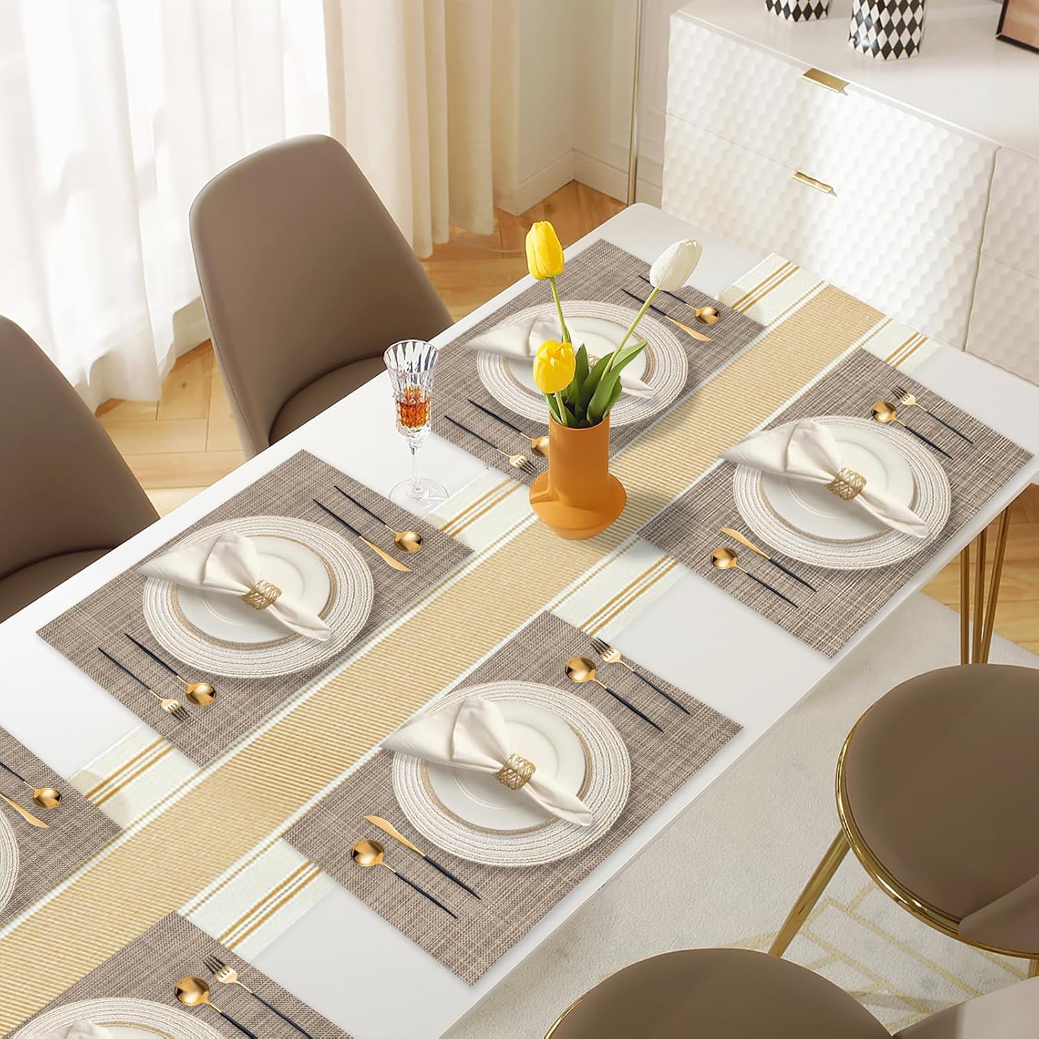 SK Studio 19Pcs Boho Table Runner Placemat and Napkin Ring Set Rectangle and Round Meal Mats Macrame Table Runner with Tassels for Wedding Kitchen Dining, Beige