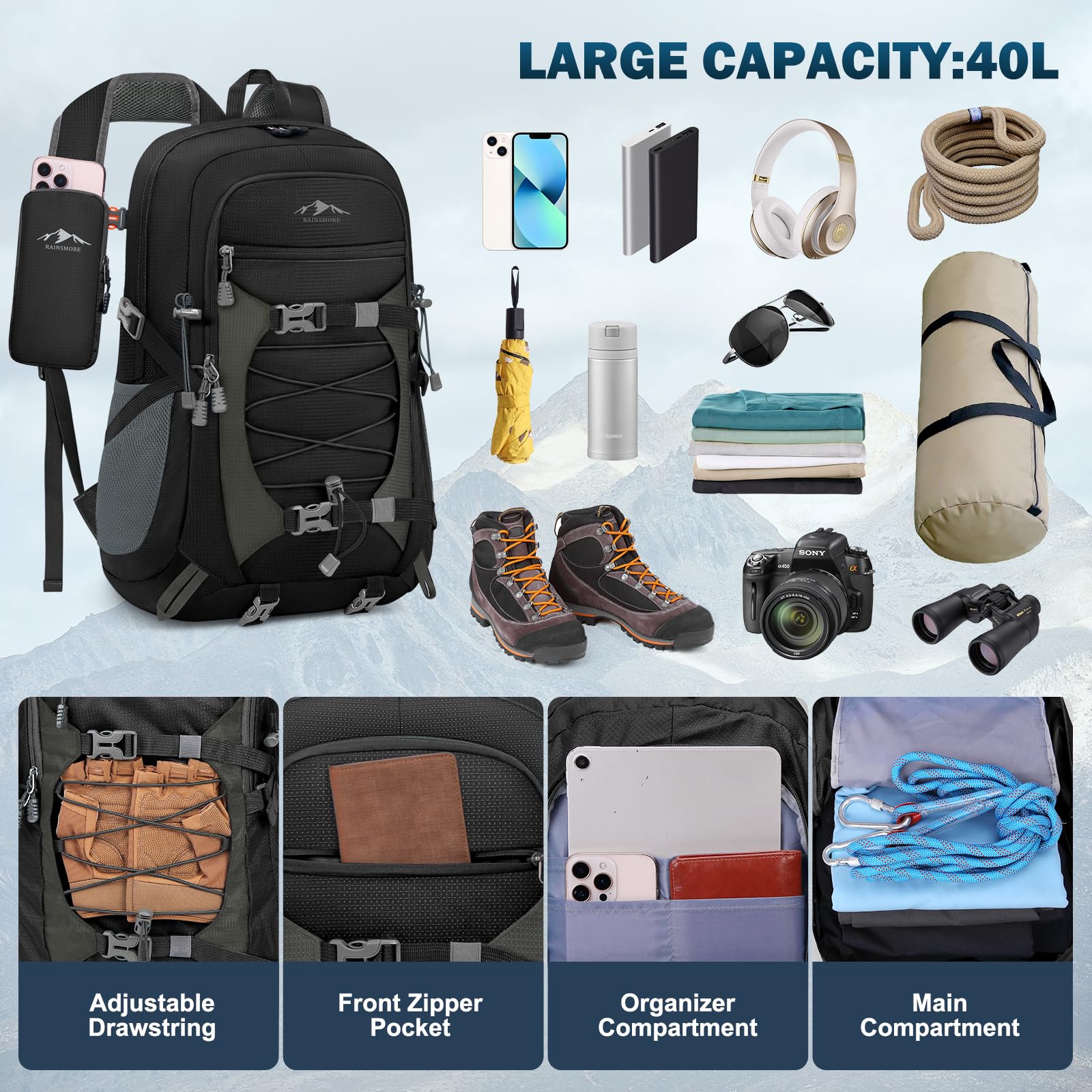 RAINSMORE Zaino Trekking 40 Litri Impermeabile Ultraleggero Pieghevole | Zaino Montagna per Escursionismo Alpinismo Equitazione Campeggio Viaggio e Sportivo