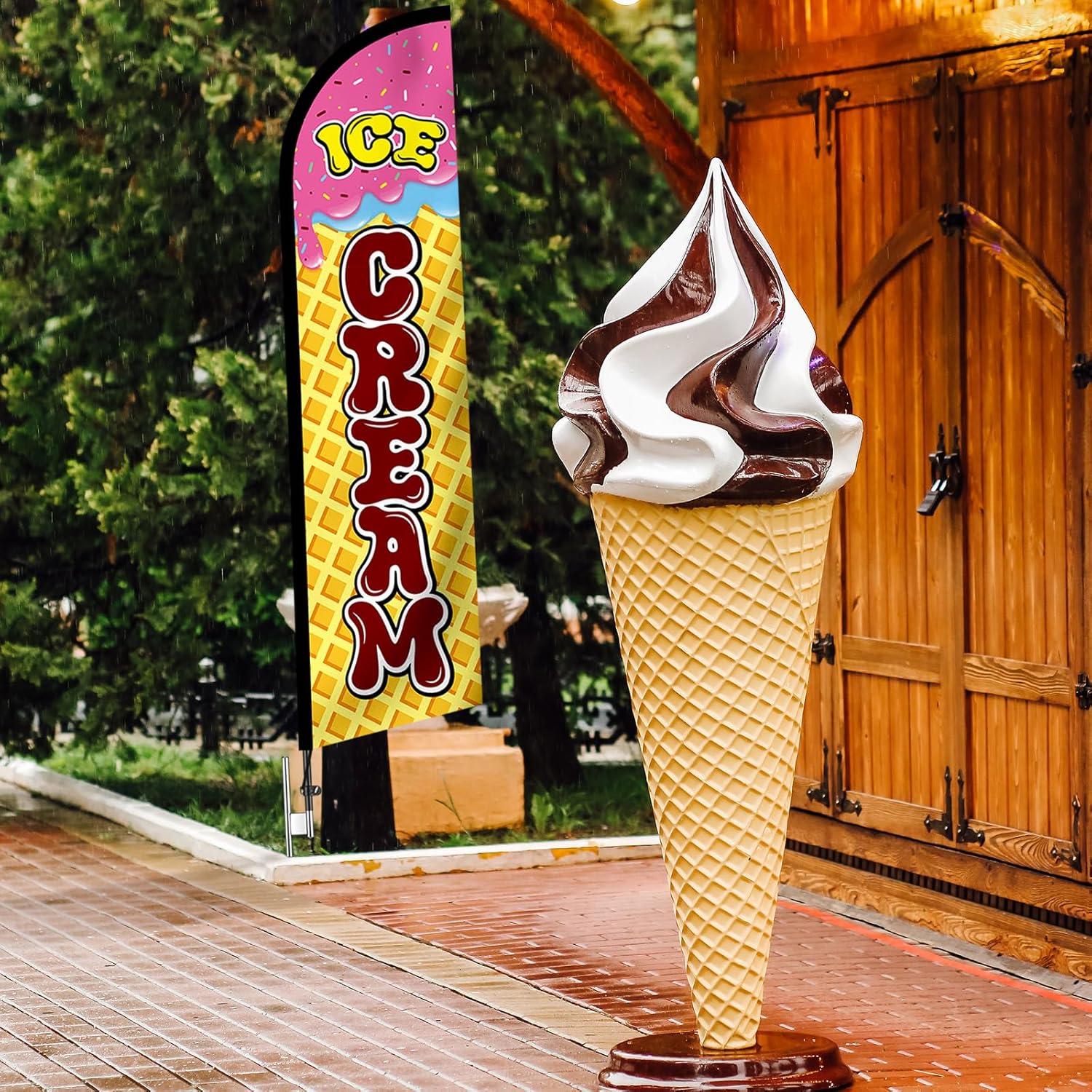 Remagr Ice Cream Feather Flag 11 ft Ice Cream Advertising Swooper Banner with Pole and Ground Stake Windless Shop Sign Advertising Tall Flag for Outdoor Coffee Business