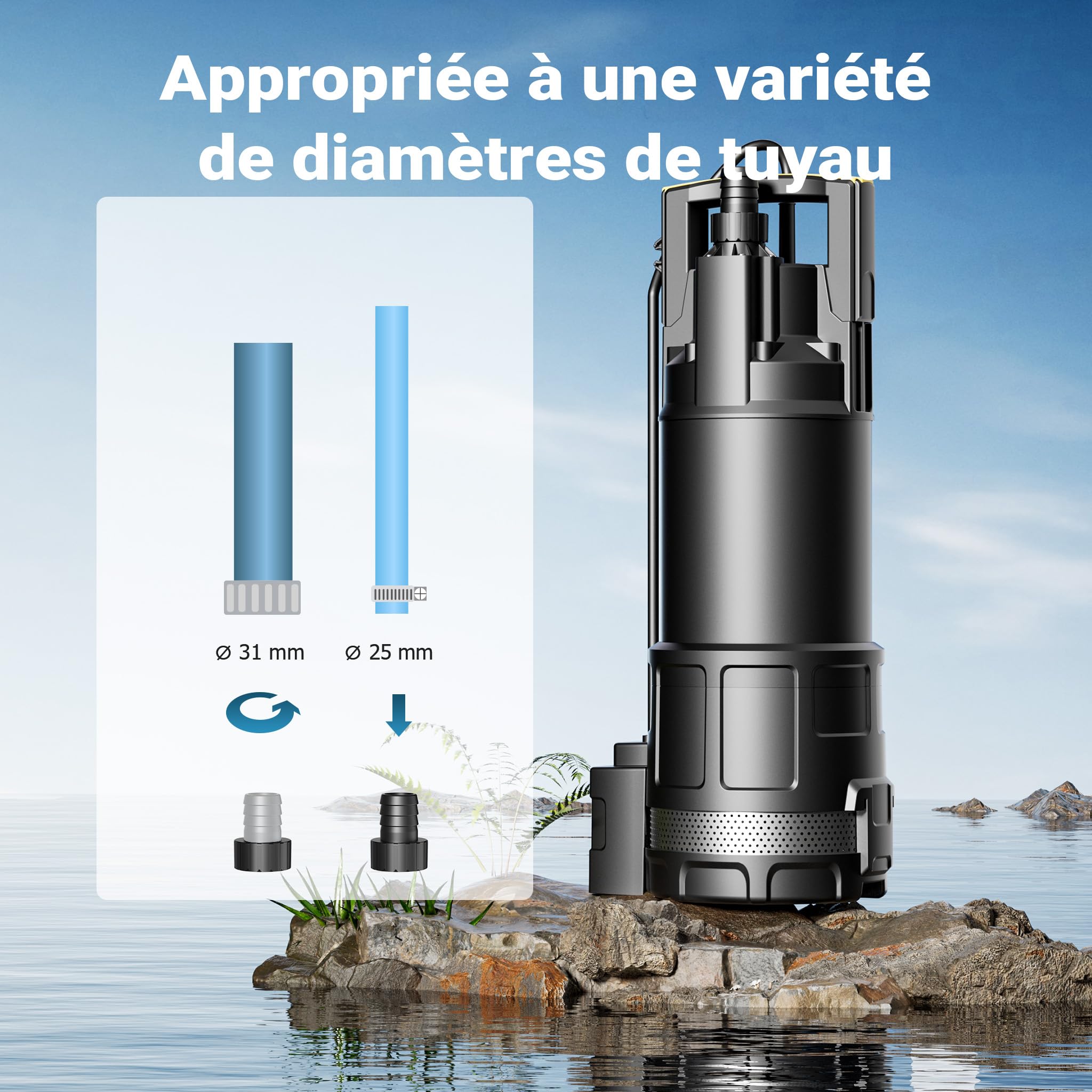 Wiltec Pompe à eau immergée 1200 W – 6000 l/h – Refoulement max. 40 m, profondeur max. 7 m – Détecteur anti-marche à sec, Interrupteur à flotteur, Thermorégulateur – Pompe submersible