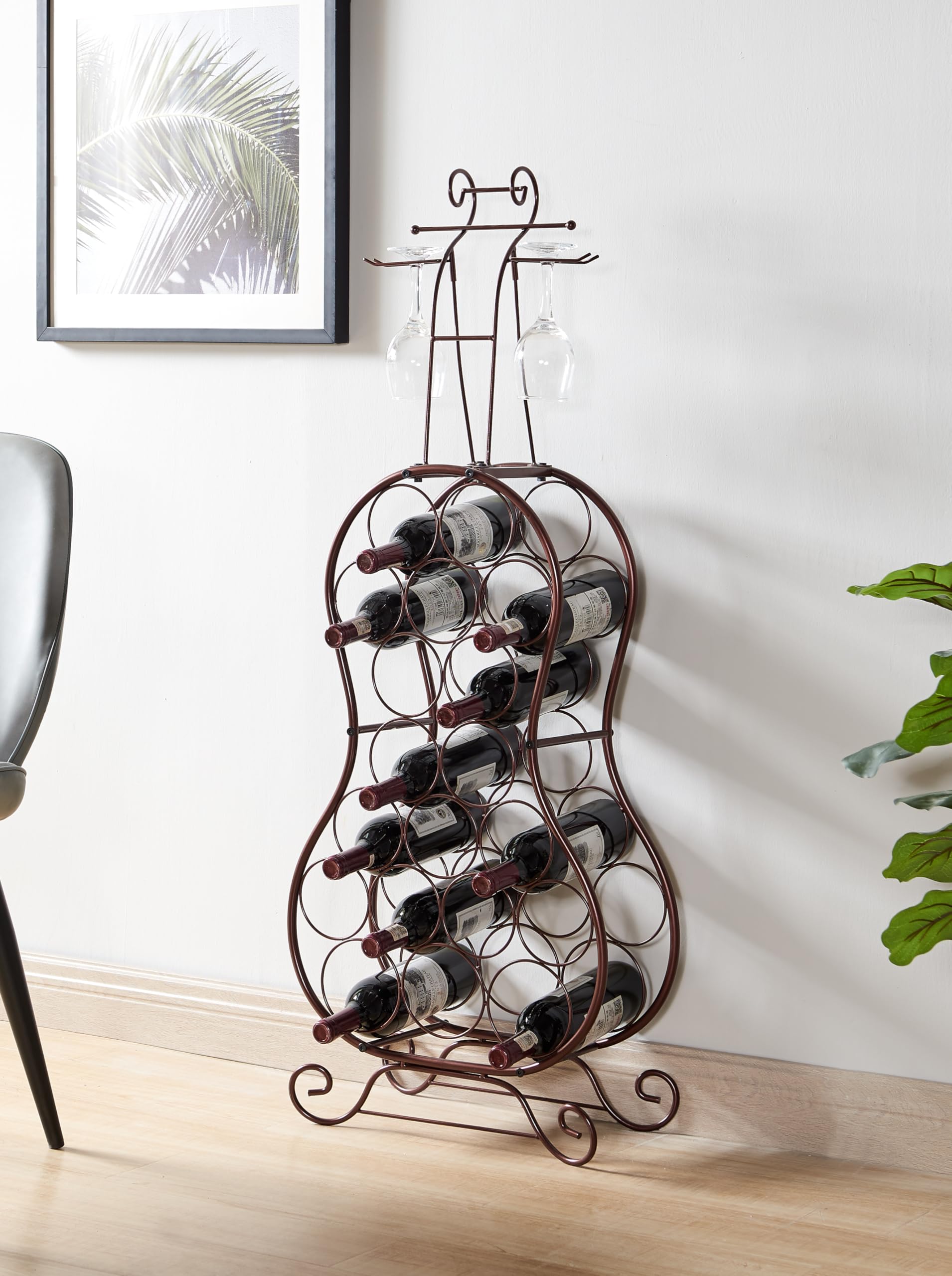 KB Designs - Cello- Free Standing Metal Wine Rack, 19 Bottles with Wine Glass Holder, Bronze