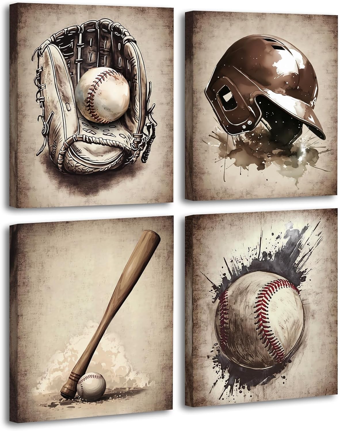 Framed Baseball Canvas Wall Art Prints,Vintage Baseball Wall Decor,Baseball Room Decor for Boys Sports Wall Art,Baseball Wall Decor for Gym Living Room Bedroom Set of 4(8”x10”)