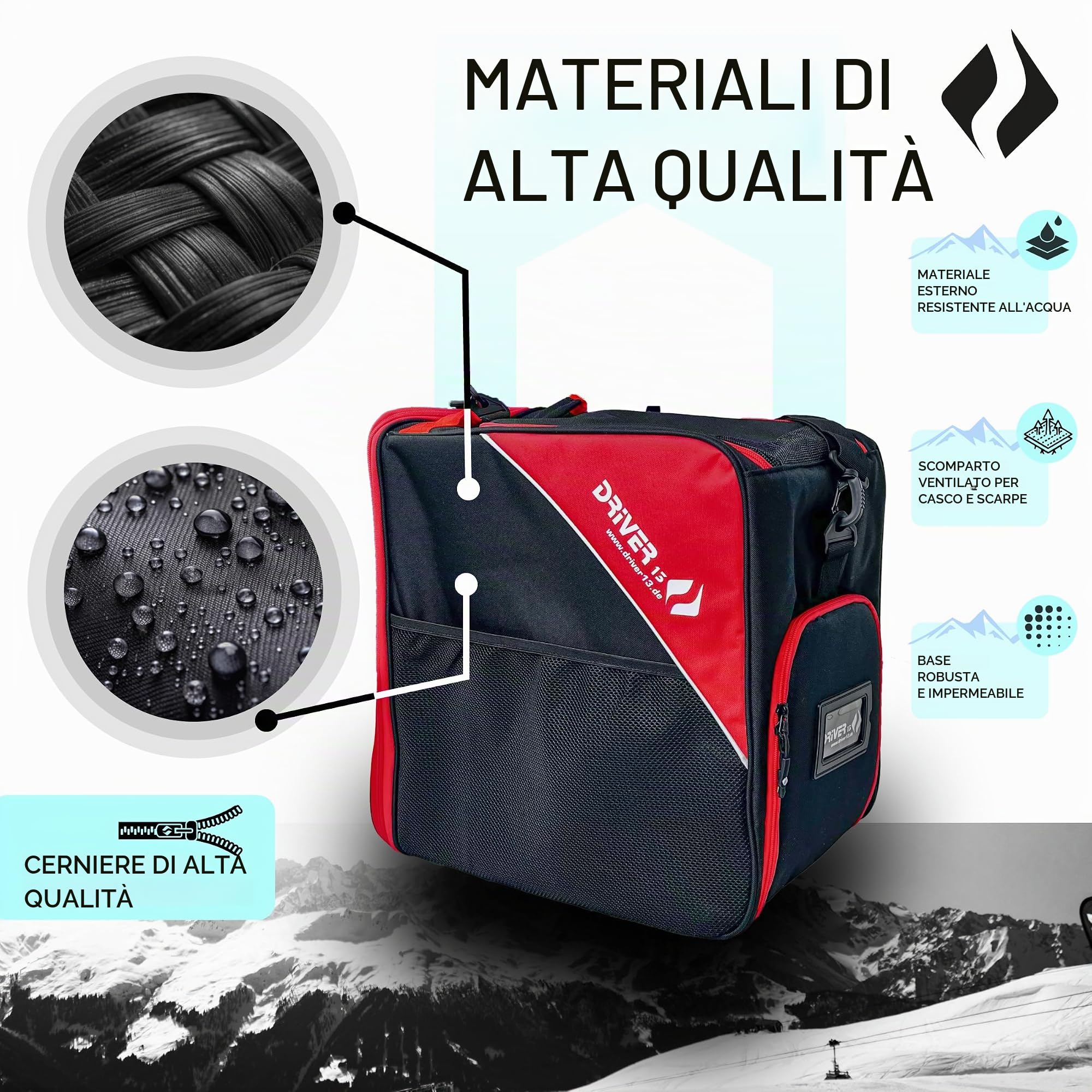 Driver13 Borsa per stivali da sci con scomparto per stivali, per stivali o snowboard (nero-rosso)