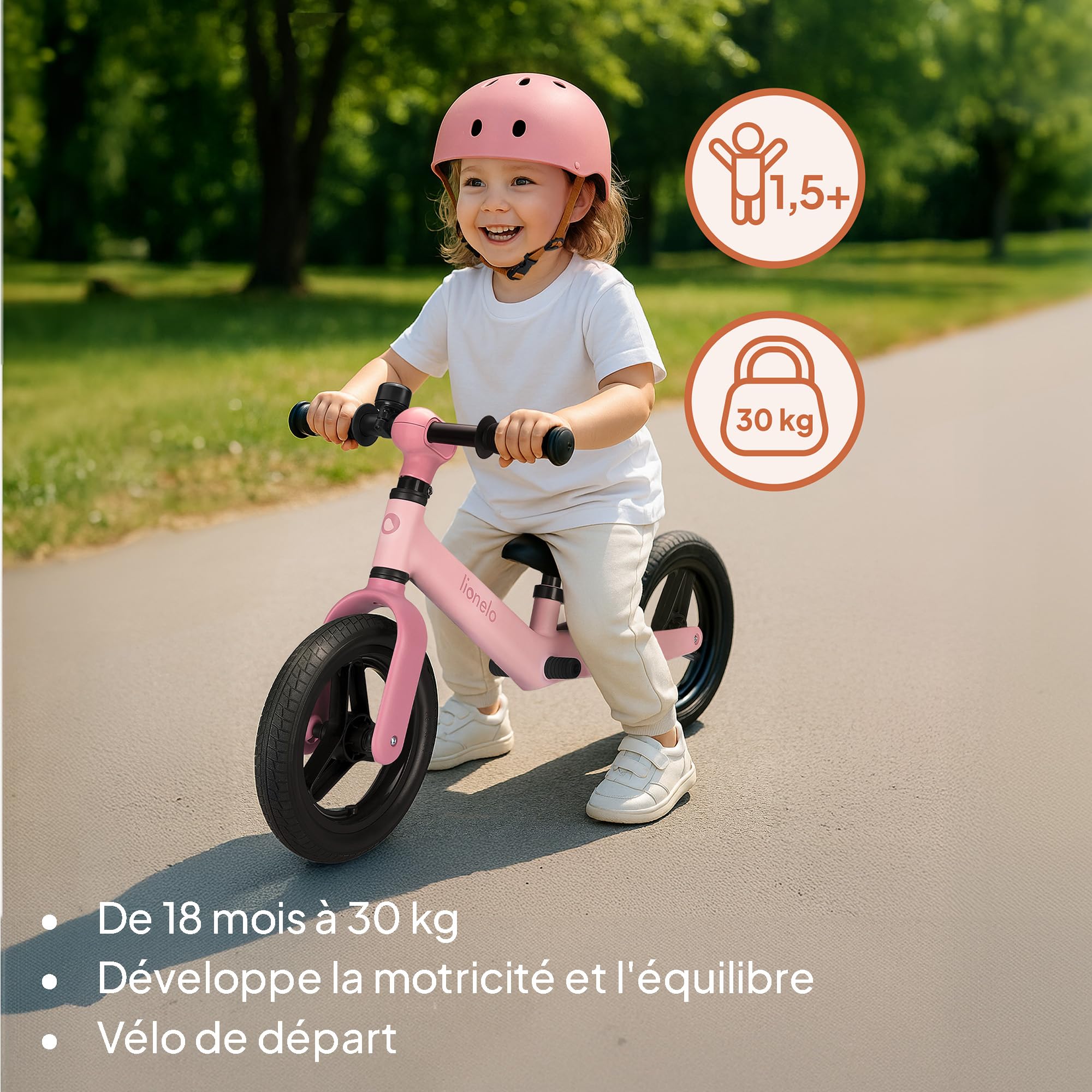 lionelo Toni Draisienne Enfants de 18 Mois à 30 kg, Roues en Caoutchouc PU 25 cm, Repose-Pieds Panier Siège et Guidon Réglables, Poignée Antidérapante, Poids Léger 2,3 kg, Sonnette
