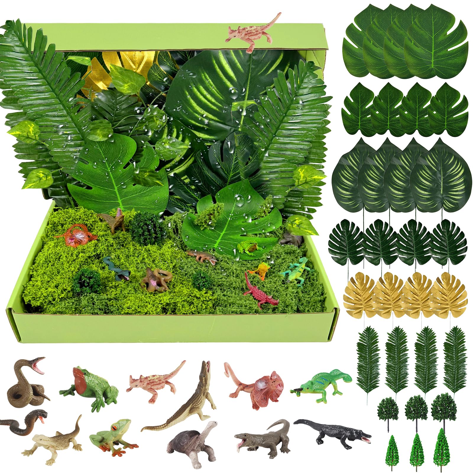 46PCS Rainforest Animals Figures Toys Set,Model Tress Kit Diorama Project Supplies Include Lizards Mouse Frog Snake Insects,Diorama Plants Grass Mini Fake Miniature Trees Moss for Building Model