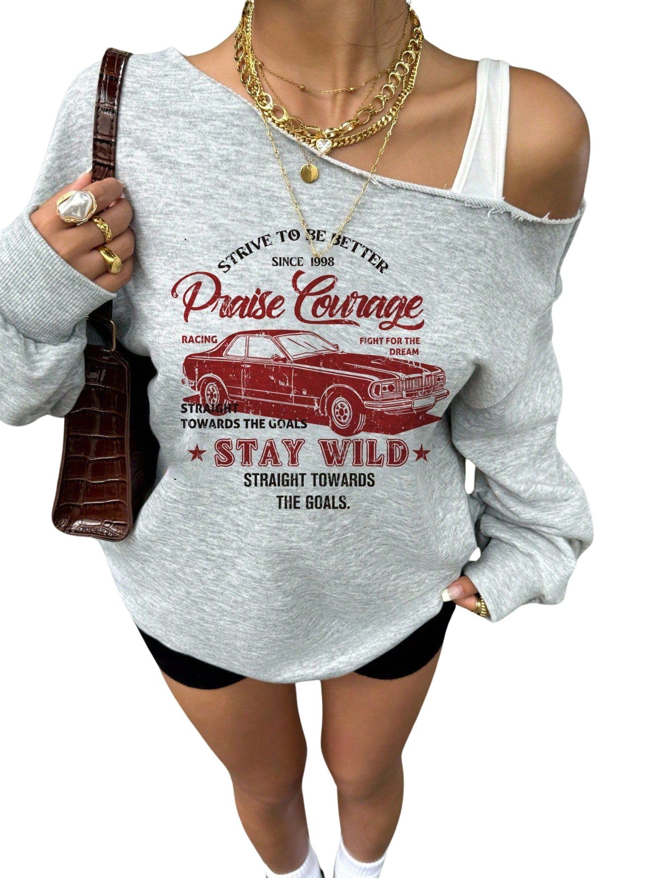 sxv style Casual Retro Style Sports Vintage Red Car Graphic Print Asymmetrical Neck Cropped Women's Sweatshirt-picture-38