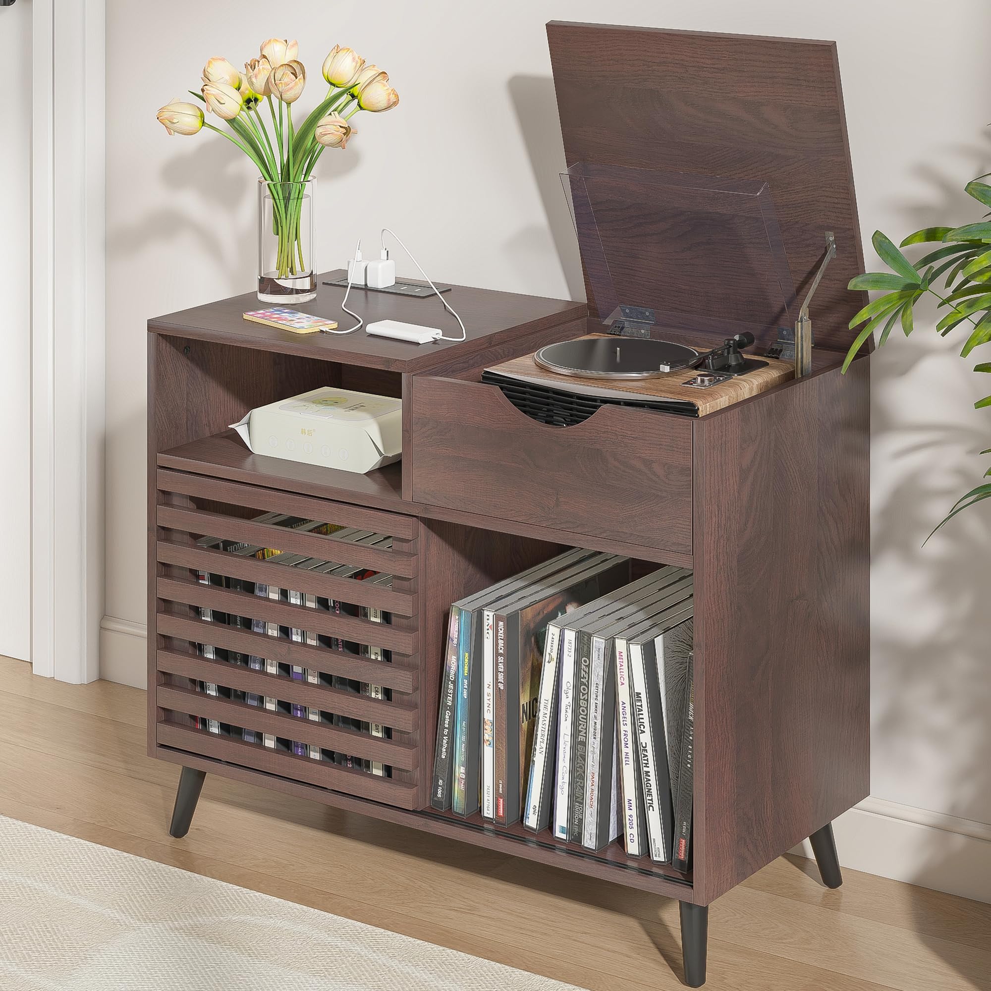 Fsbecl Record Player Stand,Turntable Stand with Vinyl Record Storage,Record Player Table with Power Socket,Vinyl Record Storage Cabinet w/Wooden Legs,