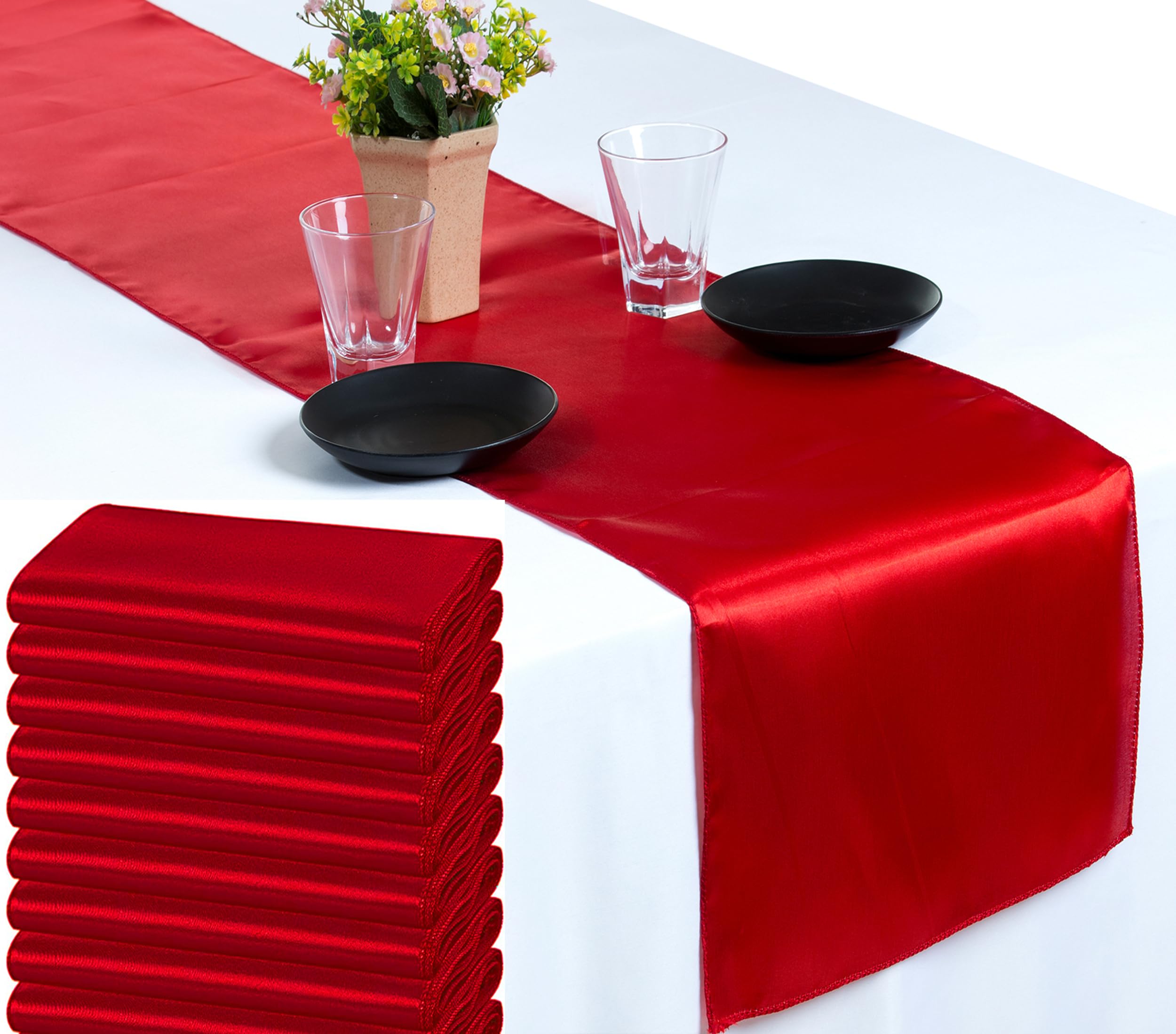 VDS Pack of 15 Satin Table Runners for Wedding & Party Décor 12” x 108”, Smooth Glossy Sateen Fabric Runner, Dining Table Decoration for Reception Banquet & Events Hotel Restaurant - Red