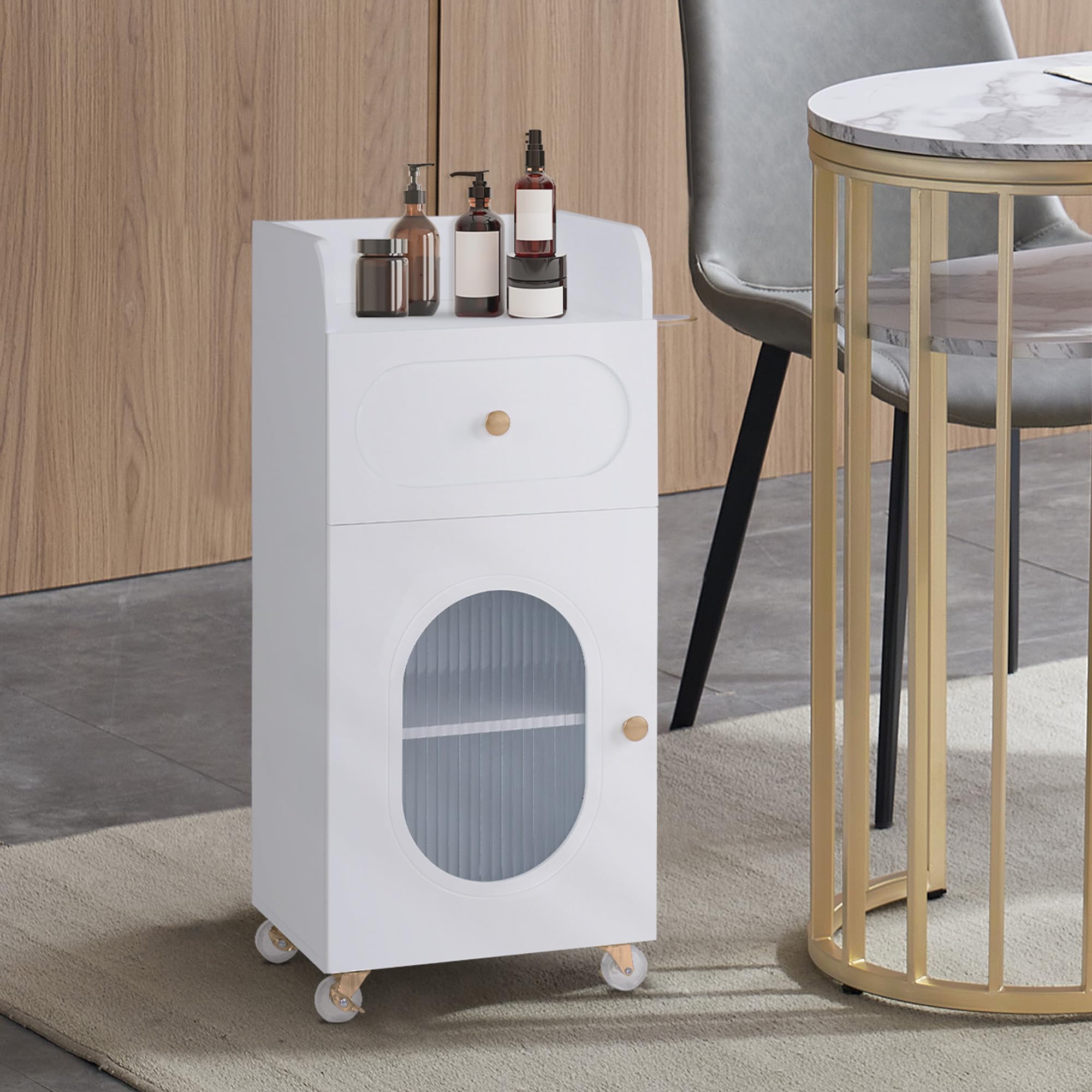 M MCombo Chariot de coiffure avec roulettes et tiroirs, chariot de service blanc, chariot de salon avec 3 étagères et support pour sèche-cheveux, 31,4x37x85,5 cm, 0051