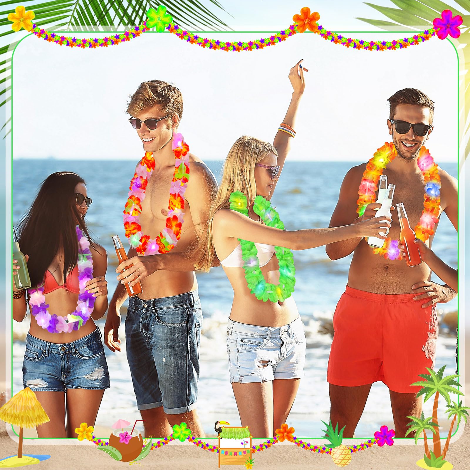 Sherr 200 Stück LED-Hawaii-Leis-Halskette mit LED-Lichtern für Maskerade, Luau, Strand, Hochzeit, tropisches Thema, Karneval, Abschlussfeier, Party