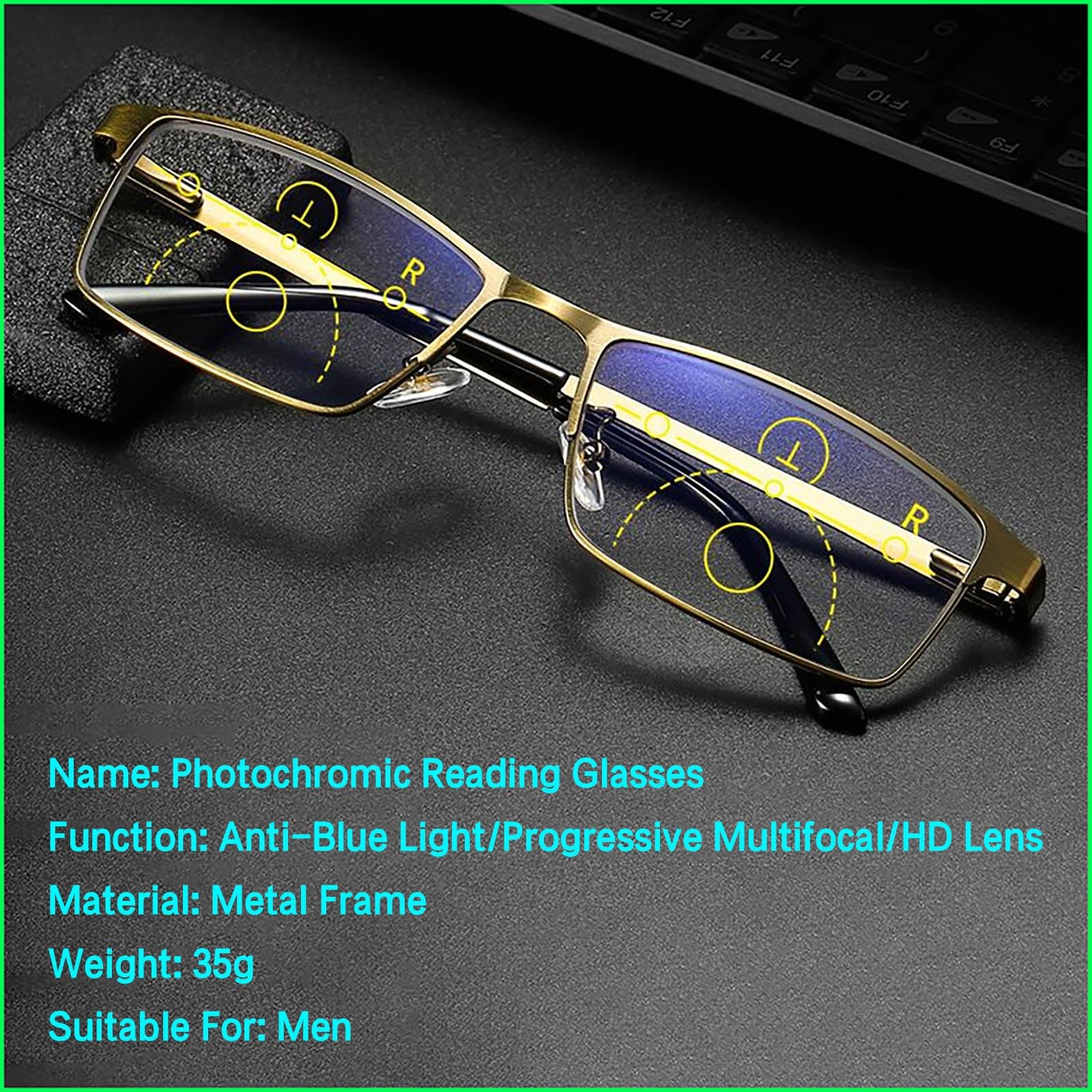 Selbsttönende Progressive Multifokal Lesebrille Metallrahmen Blaulichtfilter Lesehilfe Ultraleichte Flexibel Computerbrille für Herren Damen, Dioptrien 1.0-3.0