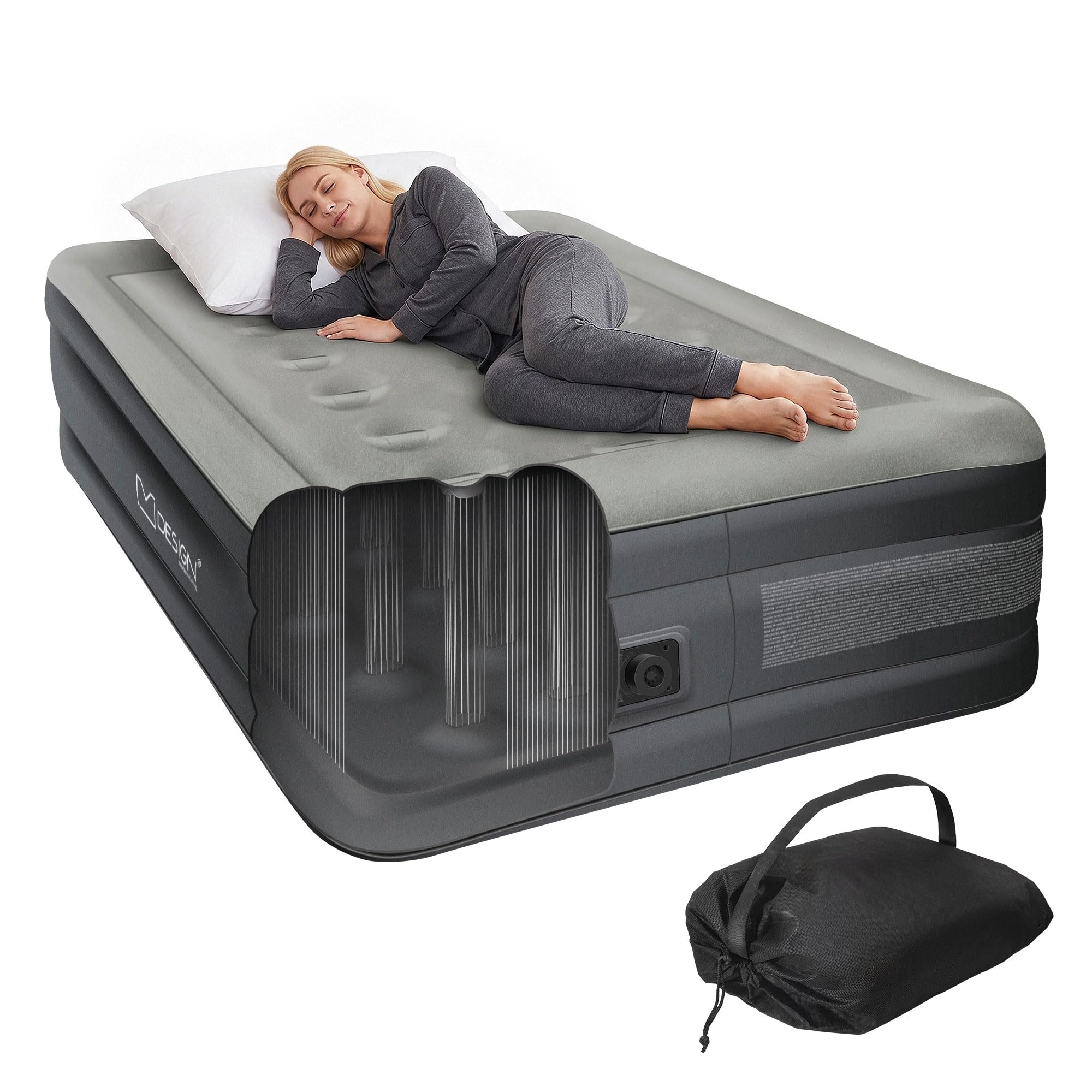 ML-Design Colchón Hinchable Individual Cama de Aire Autoinflable 196 x 97 x 47 cm Colchoneta para Invitados con Bomba Eléctrica 230V Incorporada y Bolsa de Transporte para Camping
