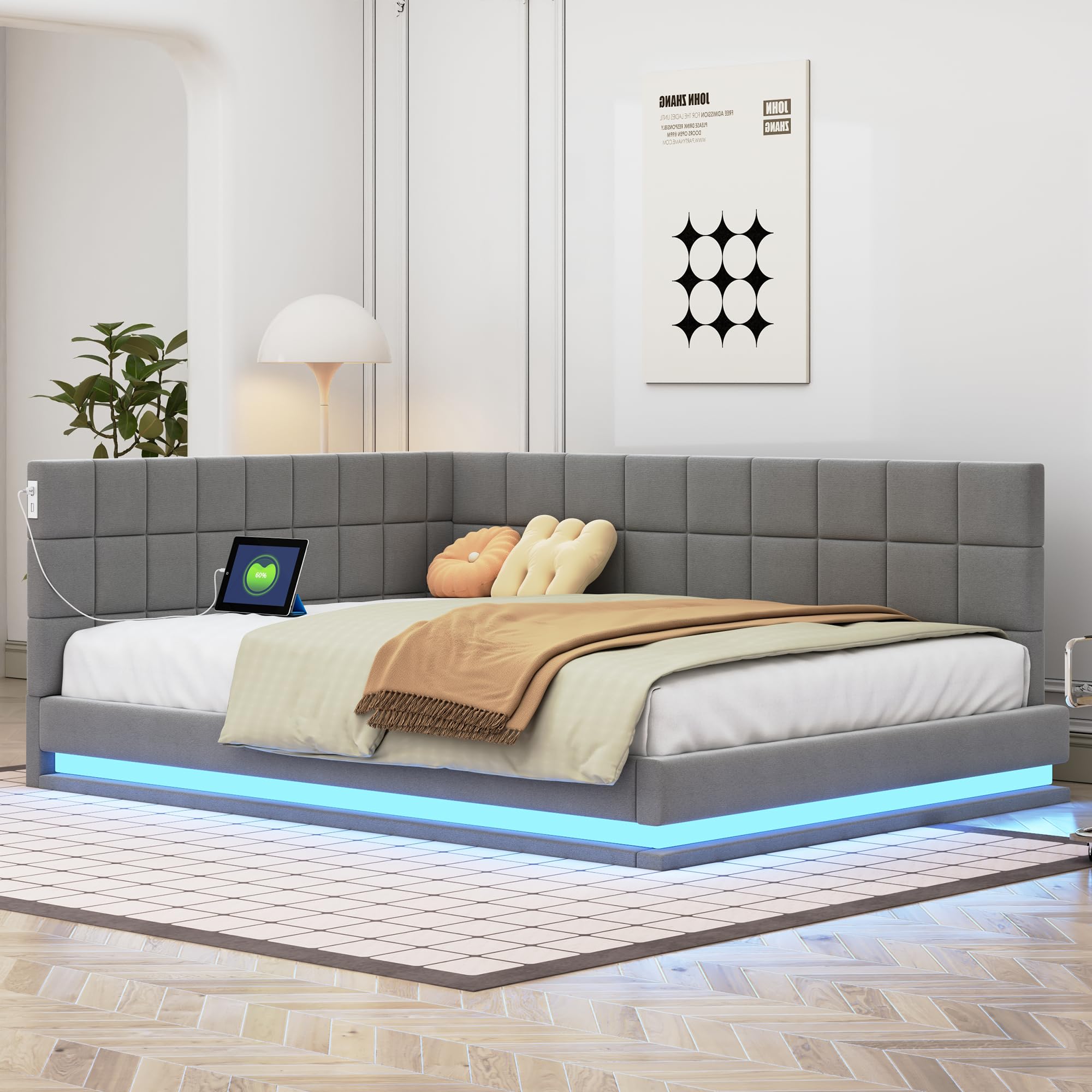ZYLOYAL10 Cama tapizada para sofá cama multifunción con somier de láminas de tela aterciopelada agradable al tacto (tira de luz LED gris, 140 x 200 cm)