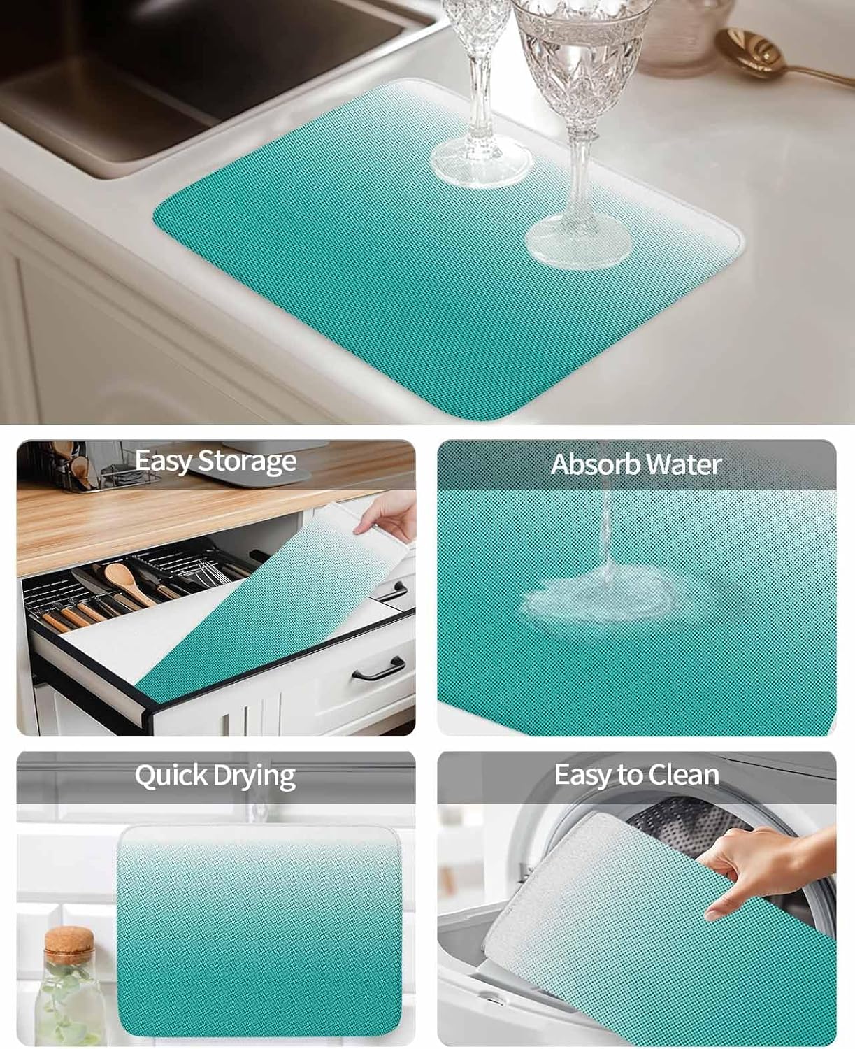 Dish Drying Mat for Kitchen Counter Solid Gradient Polka Dot Turquoise Highly Absorbent Dish Drainer 18 x 24 Inches Dish Drying Pad for Kitchen Counter, Sink, Draining Racks 2PCS